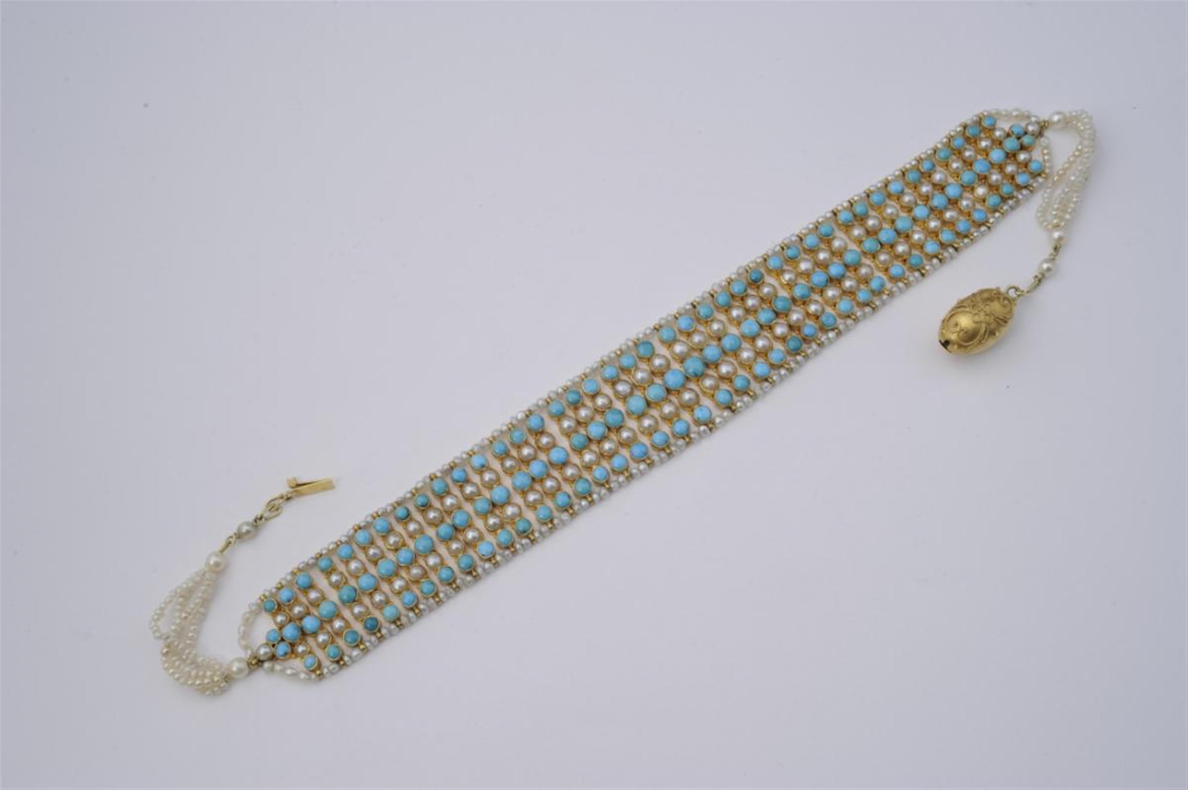 A pearl and turquiose collier de chien with a 14k gold clasp. - image-1