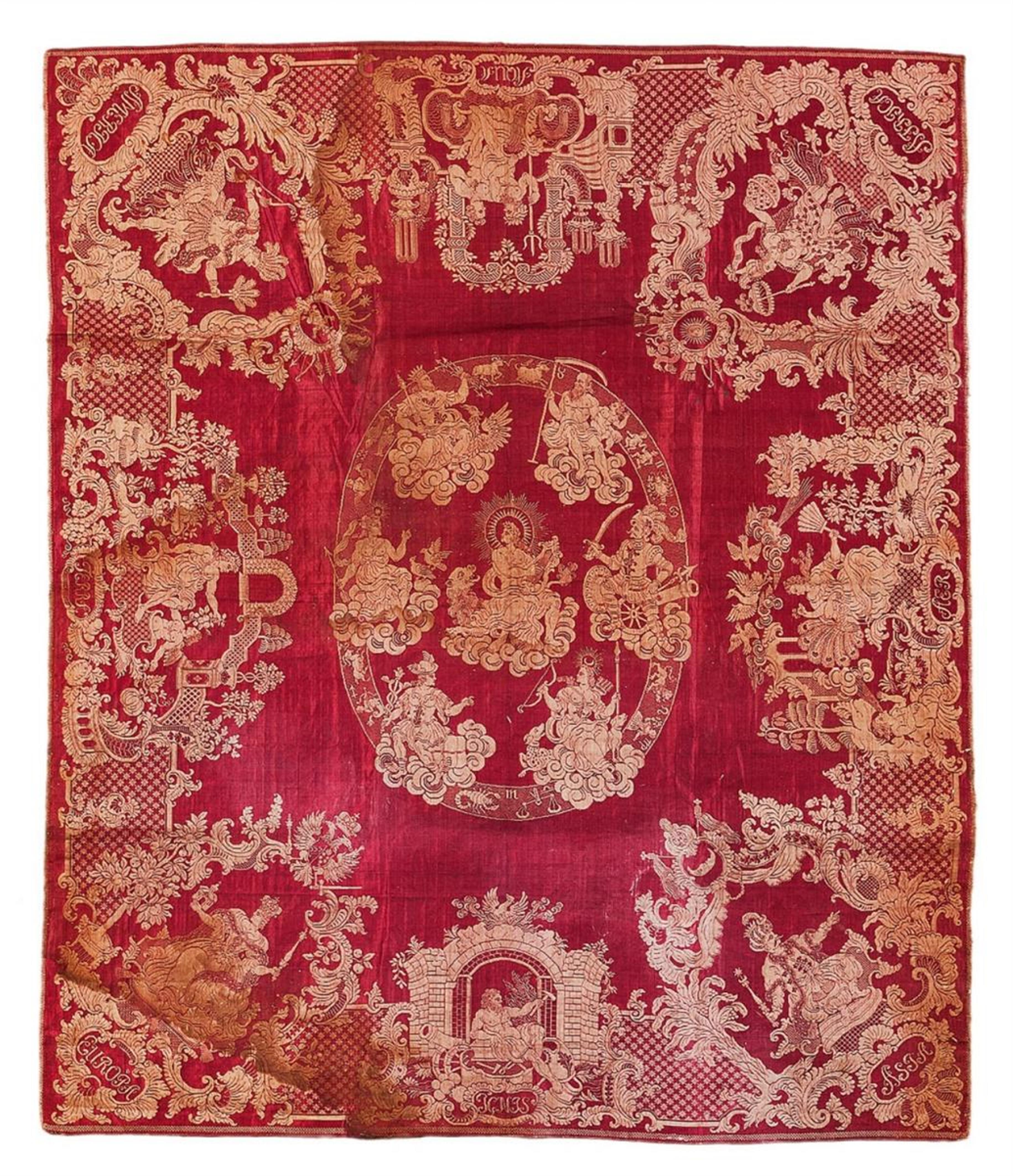 A red and white Baroque silk damask table cloth with allegories of the continents and four elements. - image-1