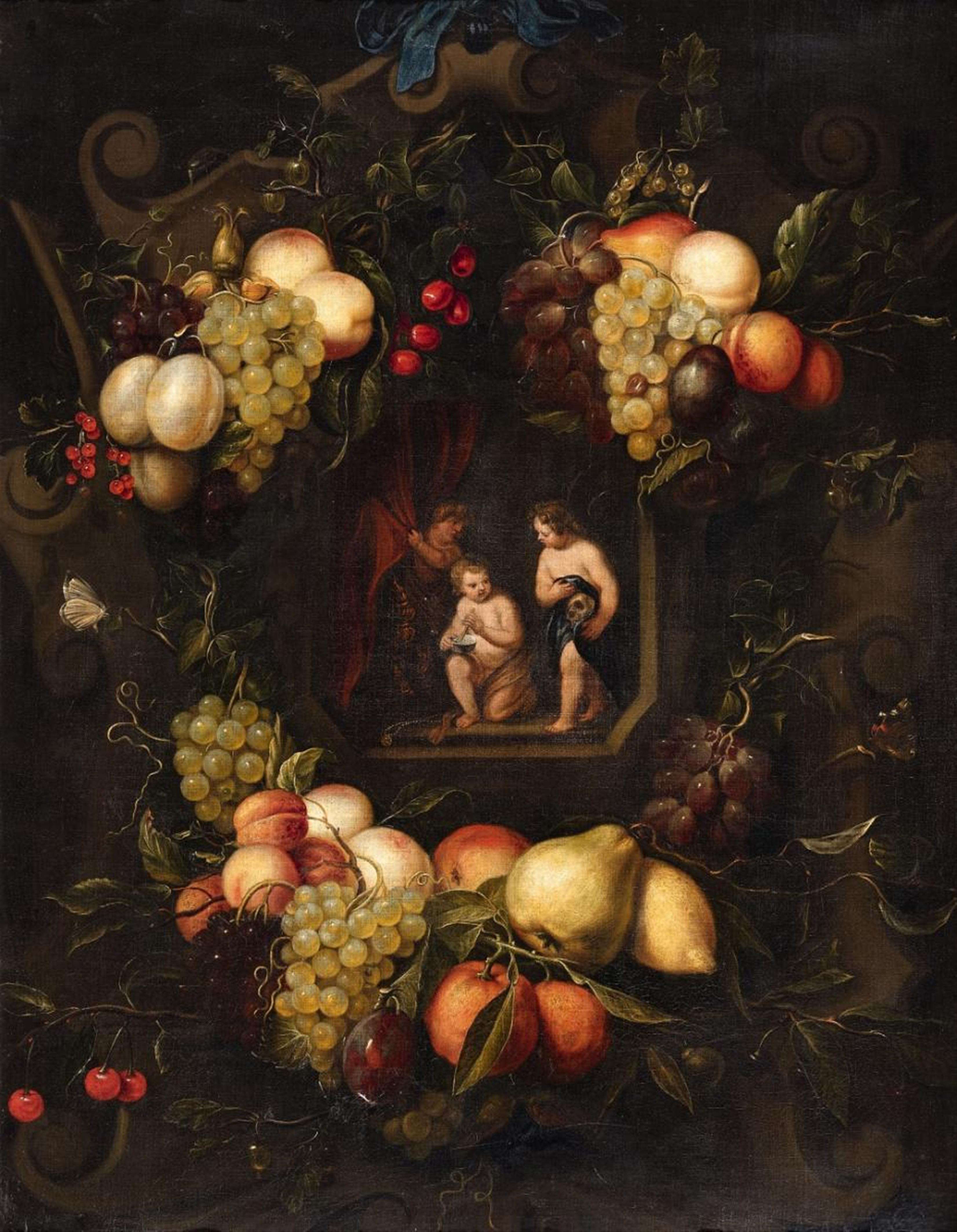 Joris van Son, attributed to - Three Putti with Vanitas Symbols within a Decorated Cartouche - image-1