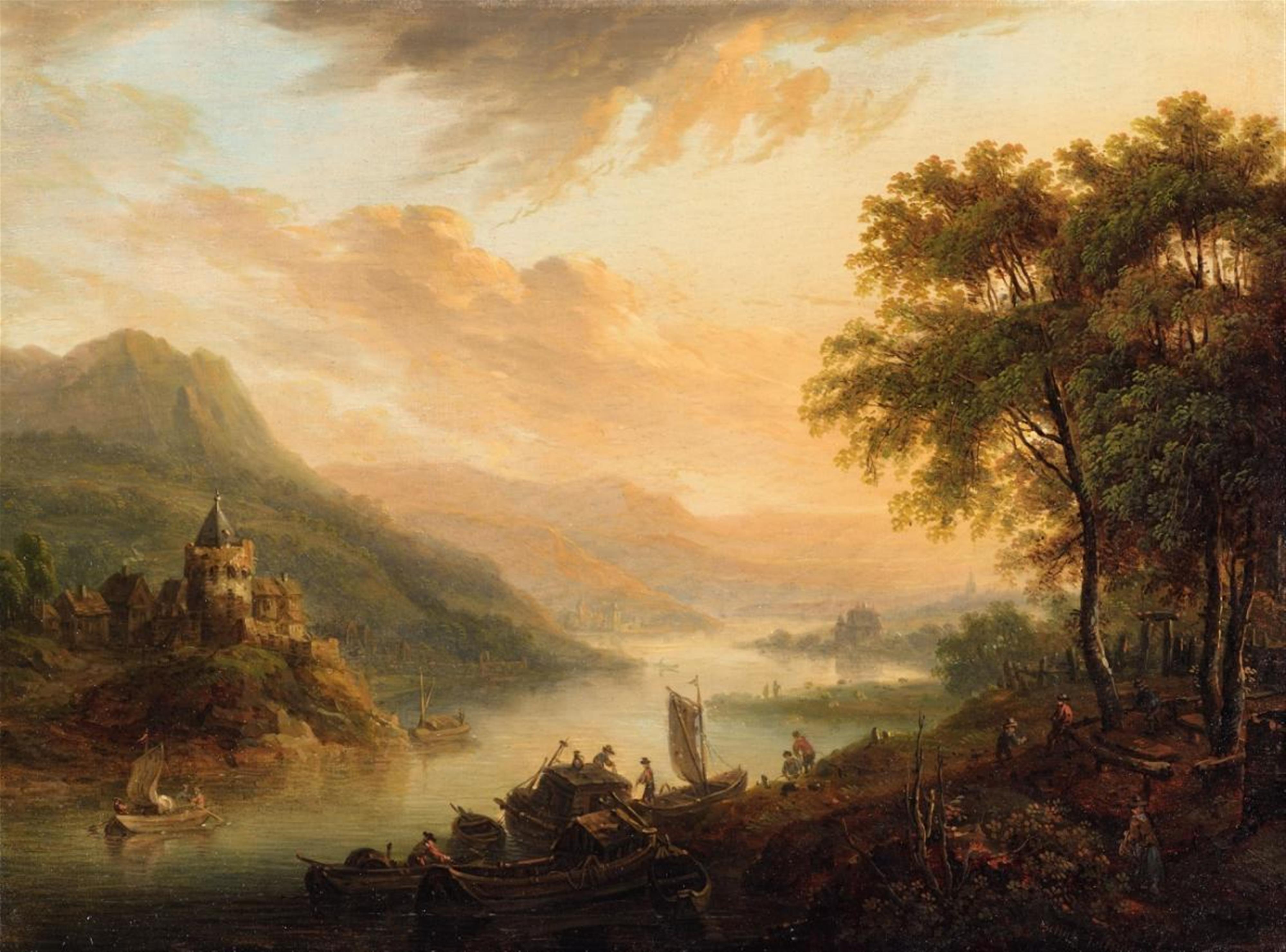 Christian Georg Schütz the Younger - Dawn: Rhenish Landscape with Travellers and a Ferry Dusk: Rhenish Landscape with Castle and Ferry - image-2