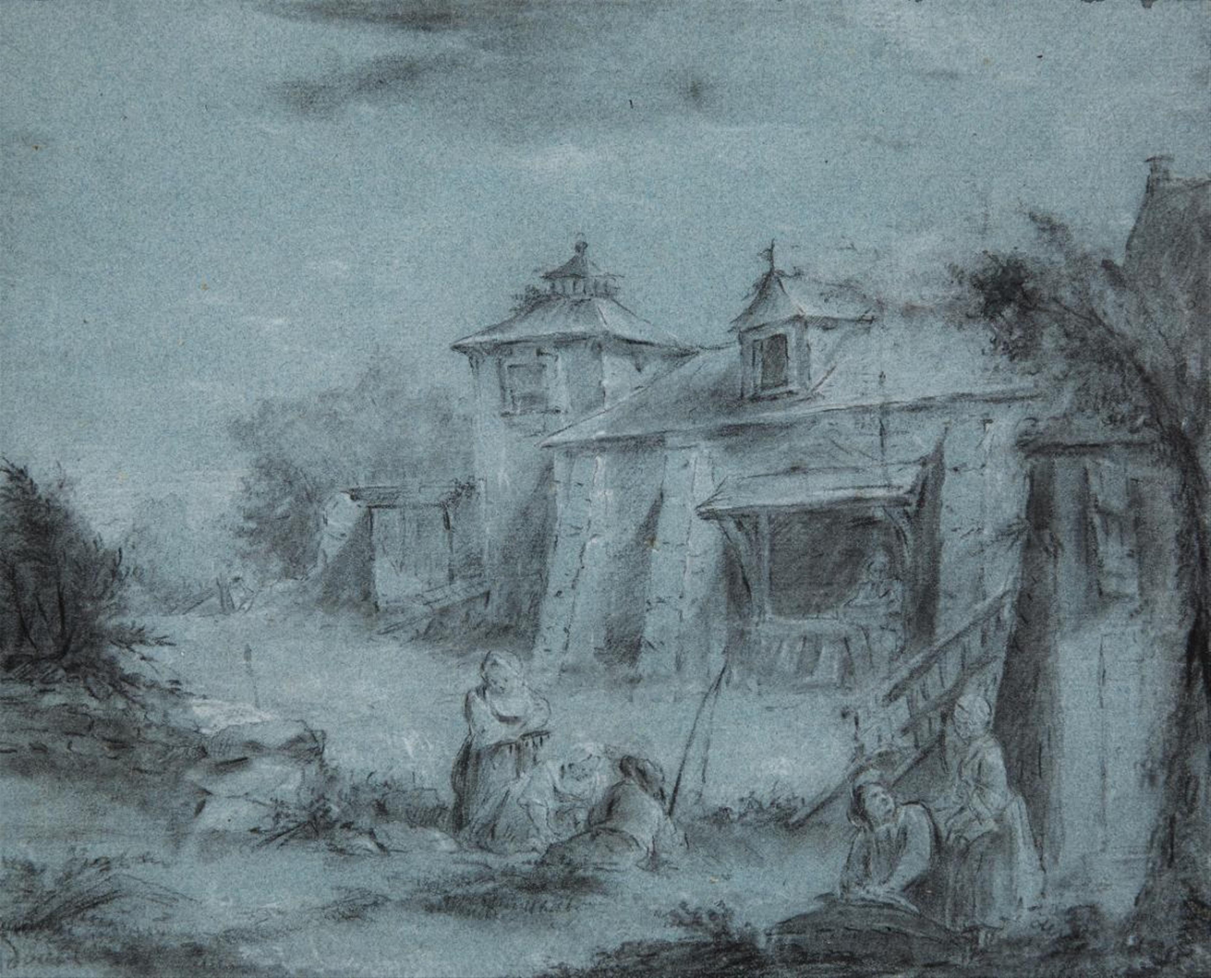 French School of the 18th century - Landscape with a Farmstead and Figures - image-1