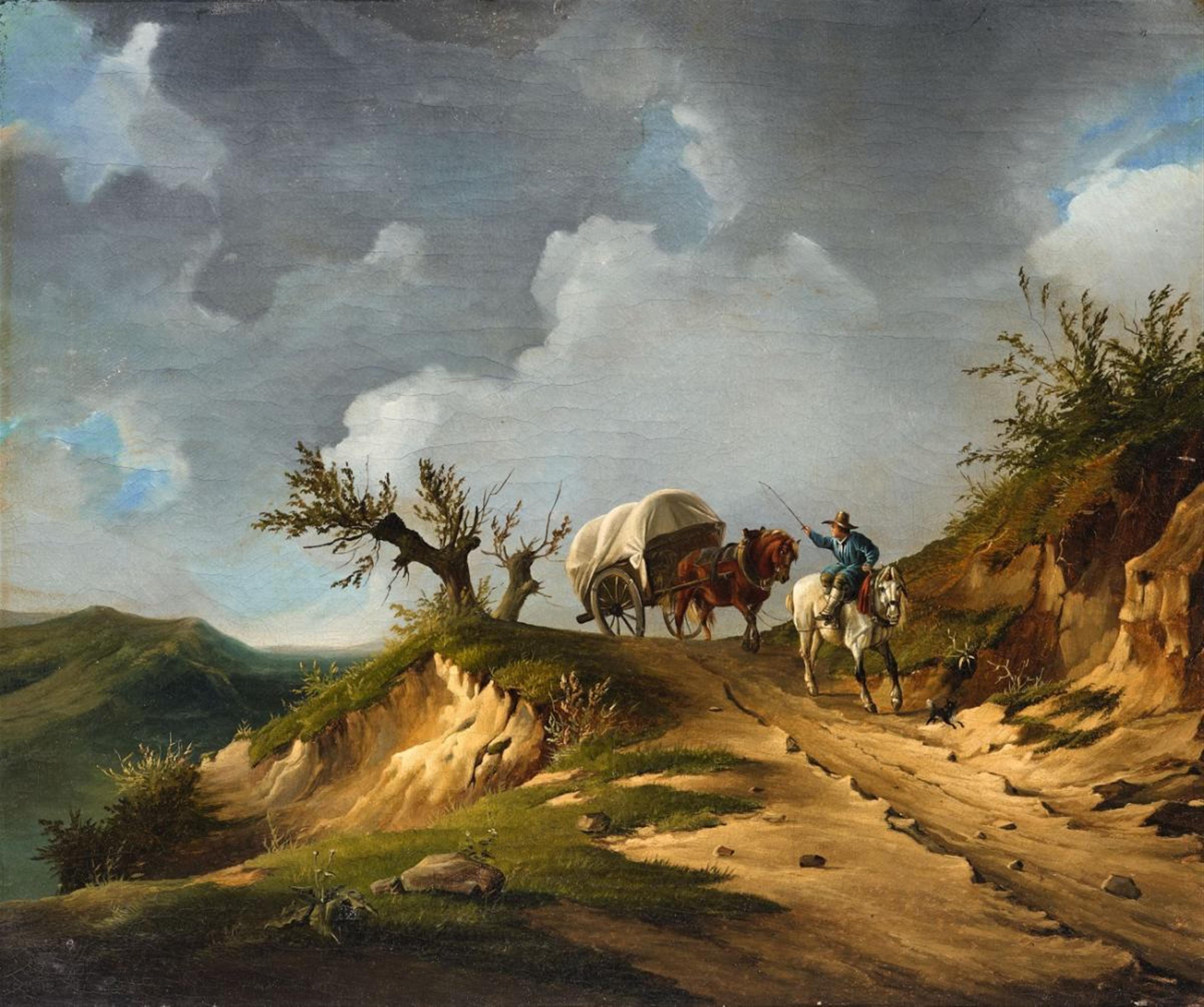 German School circa 1830 - Landscape with a Horseman and Carriage - image-1