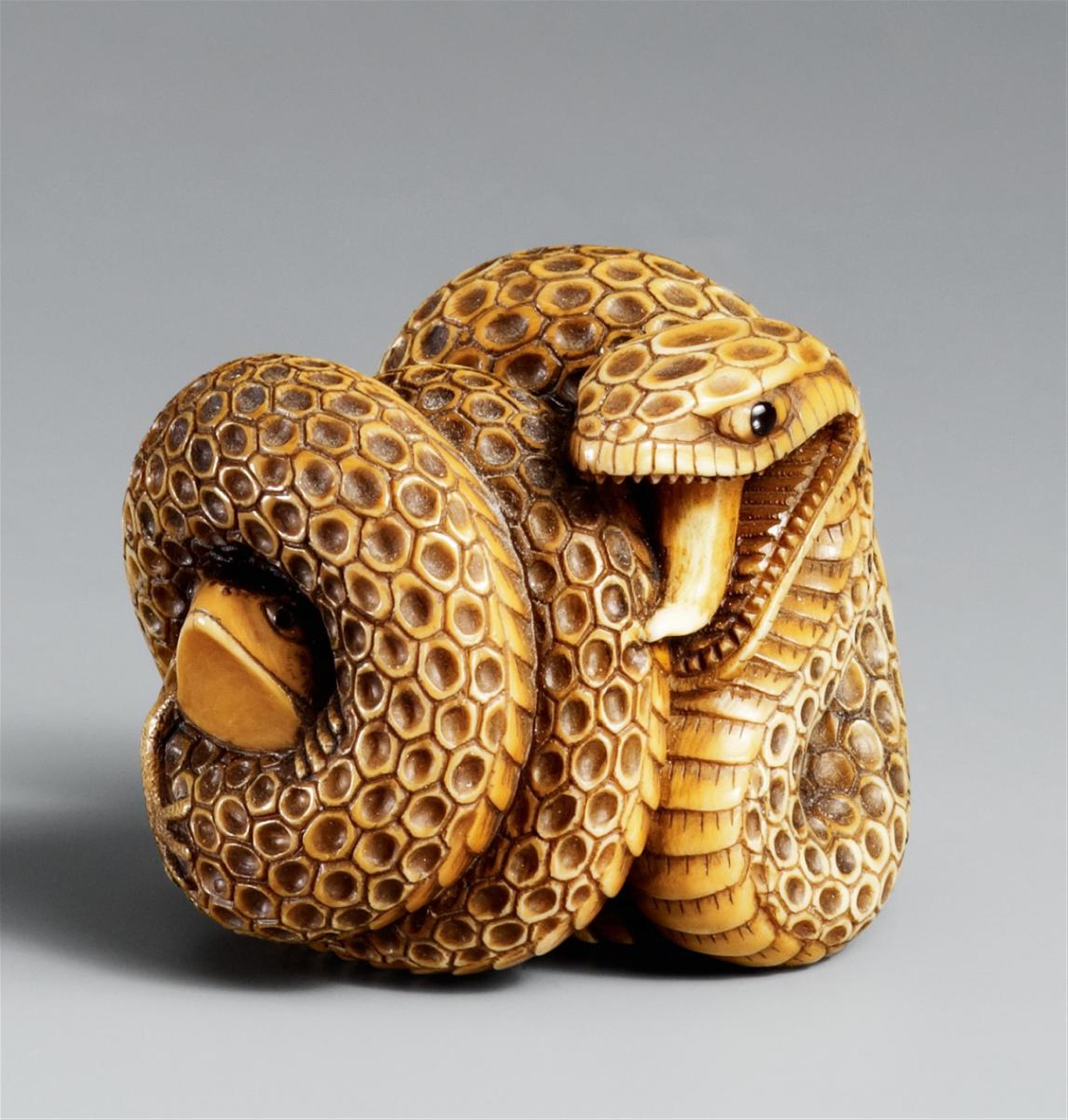 An ivory netsuke of a snake and a frog. 20th century - image-1
