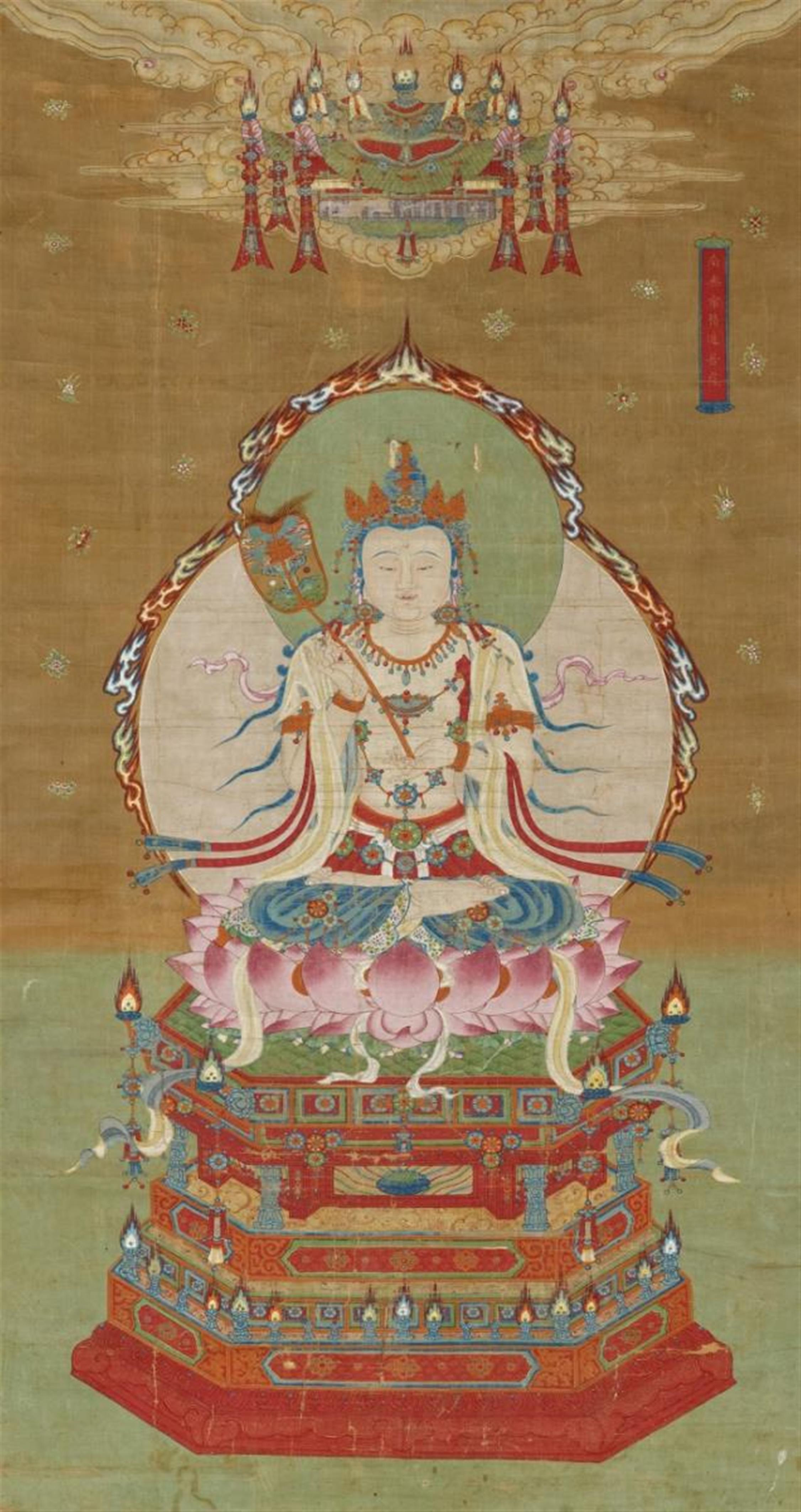 Anonymous painter . 17th/18th century - Nityodyukta Bodhisattva (Bodhisattva of Constant-diligence) from the Amitabha sutra. Large hanging scroll. Ink and colours on silk. Inscription: Nanwu Chang Jingjjin pusa (Namo ... - image-1
