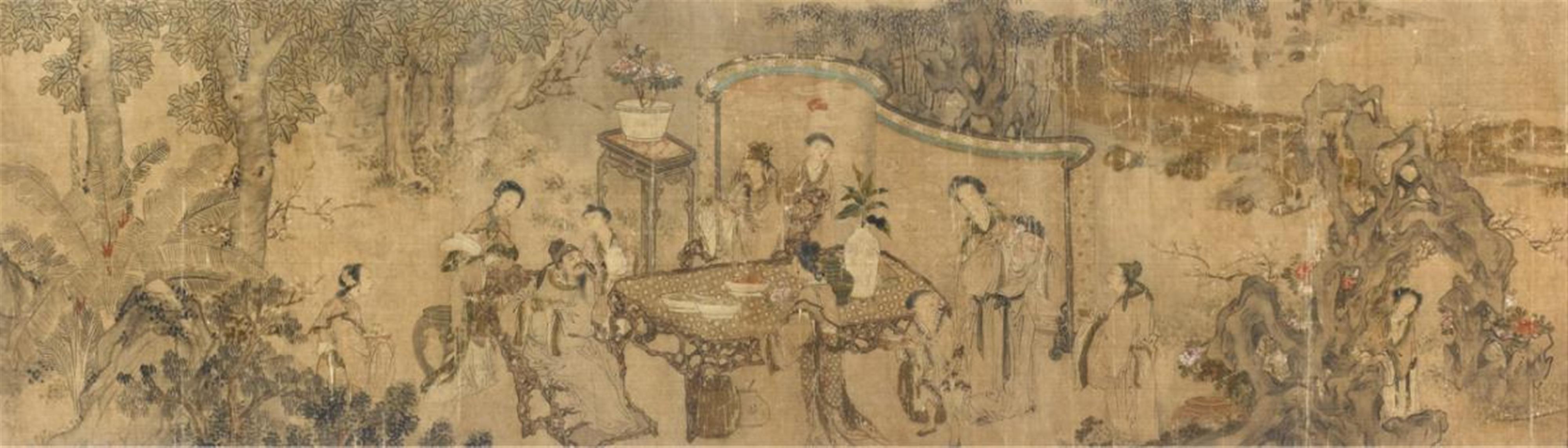 Unknown Artist . 17th/18th century - Scholars and palace ladies with servants in a garden landscape. Section from an horizontal scroll. Ink and colours on silk. 17th/18th century. - image-1