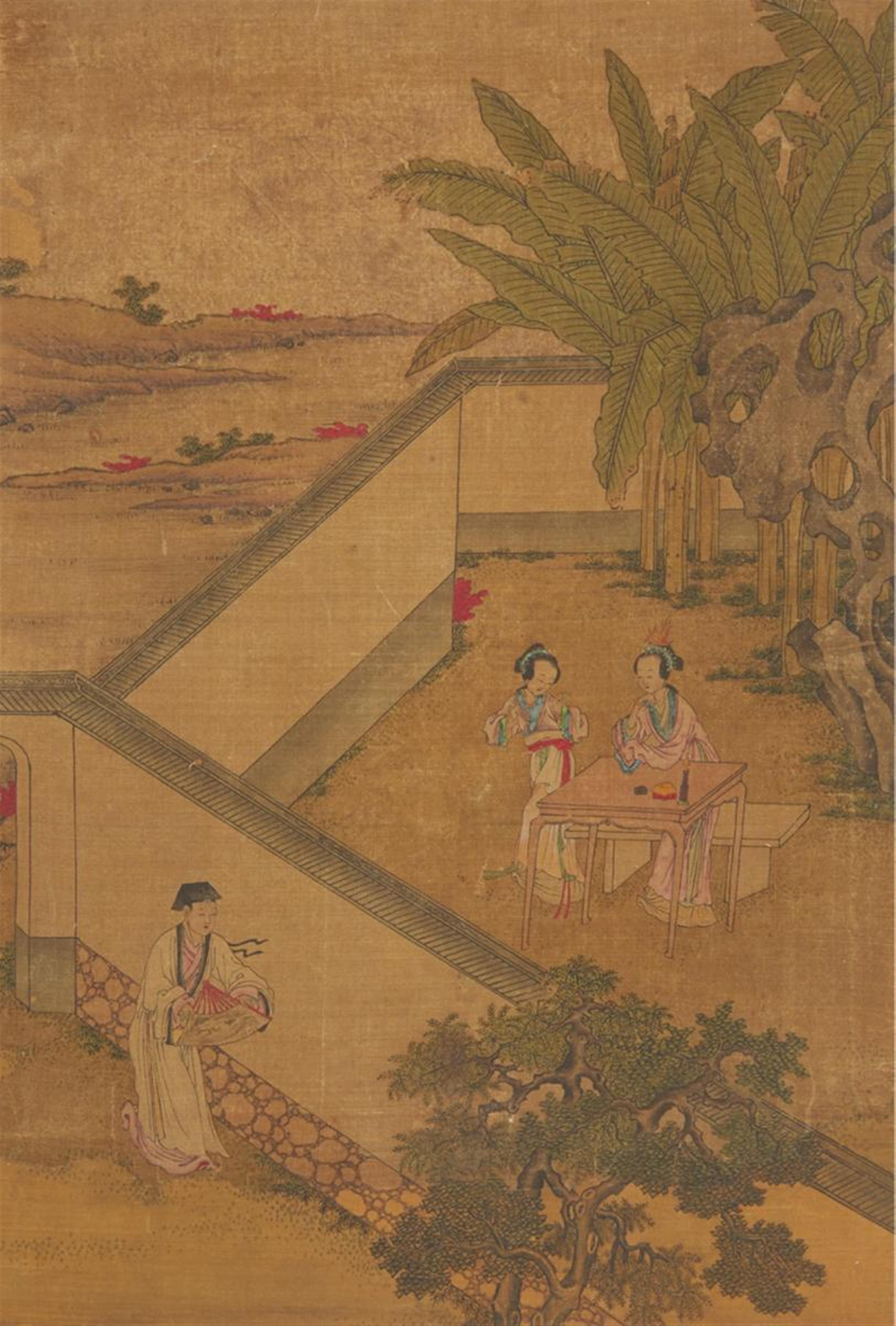 Various artists . Qing dynasty and later - Map with 15 album leaves depicting scenes from the "The Story of the Western Chamber", figures, landscape and plants. 44 x 30 cm. Ink and colours on silk and paper. Qing dynasty... - image-1