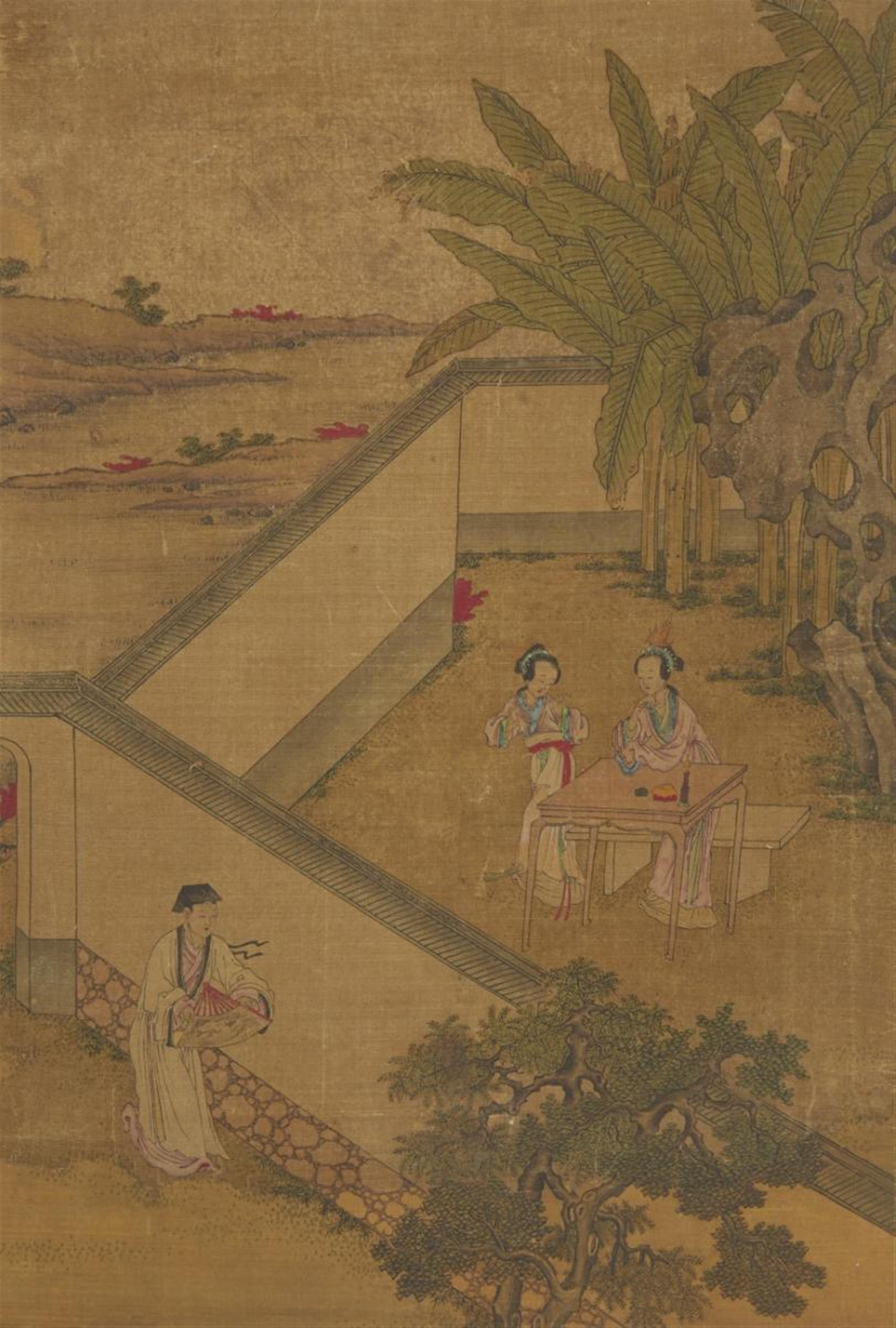 Various artists . Qing dynasty and later - Map with 15 album leaves depicting scenes from the "The Story of the Western Chamber", figures, landscape and plants. 44 x 30 cm. Ink and colours on silk and paper. Qing dynasty... - image-2