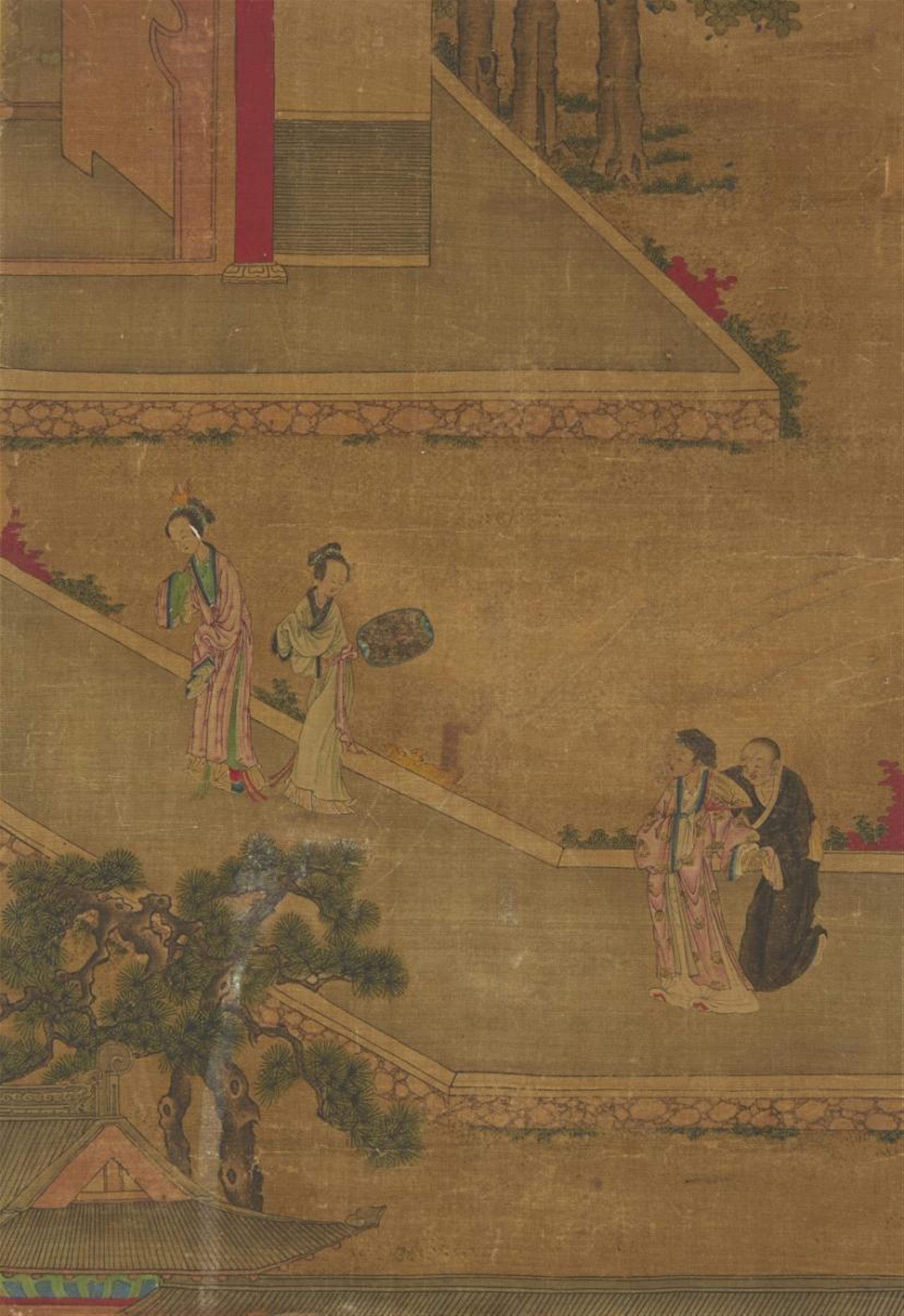 Various artists . Qing dynasty and later - Map with 15 album leaves depicting scenes from the "The Story of the Western Chamber", figures, landscape and plants. 44 x 30 cm. Ink and colours on silk and paper. Qing dynasty... - image-3