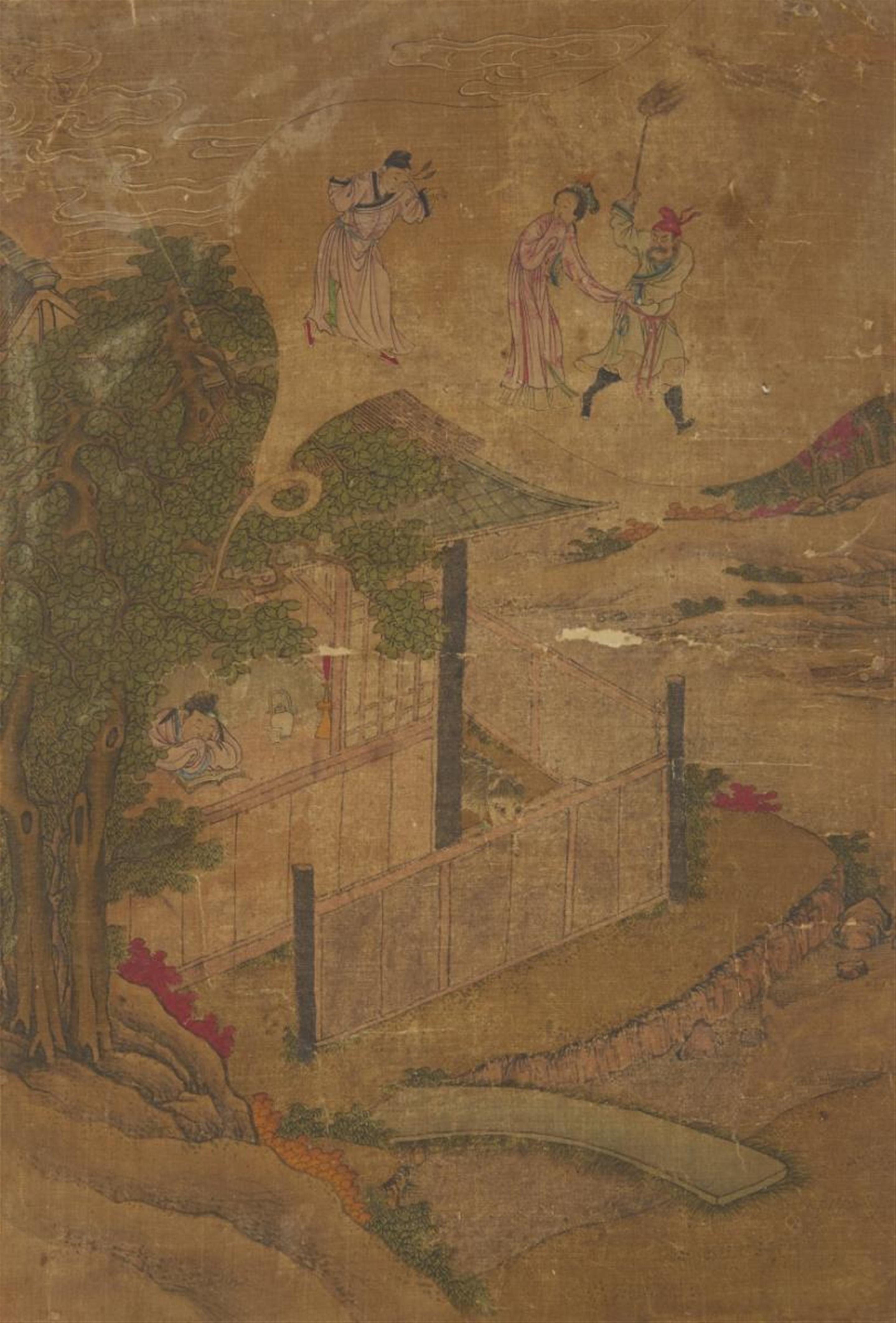 Various artists . Qing dynasty and later - Map with 15 album leaves depicting scenes from the "The Story of the Western Chamber", figures, landscape and plants. 44 x 30 cm. Ink and colours on silk and paper. Qing dynasty... - image-4