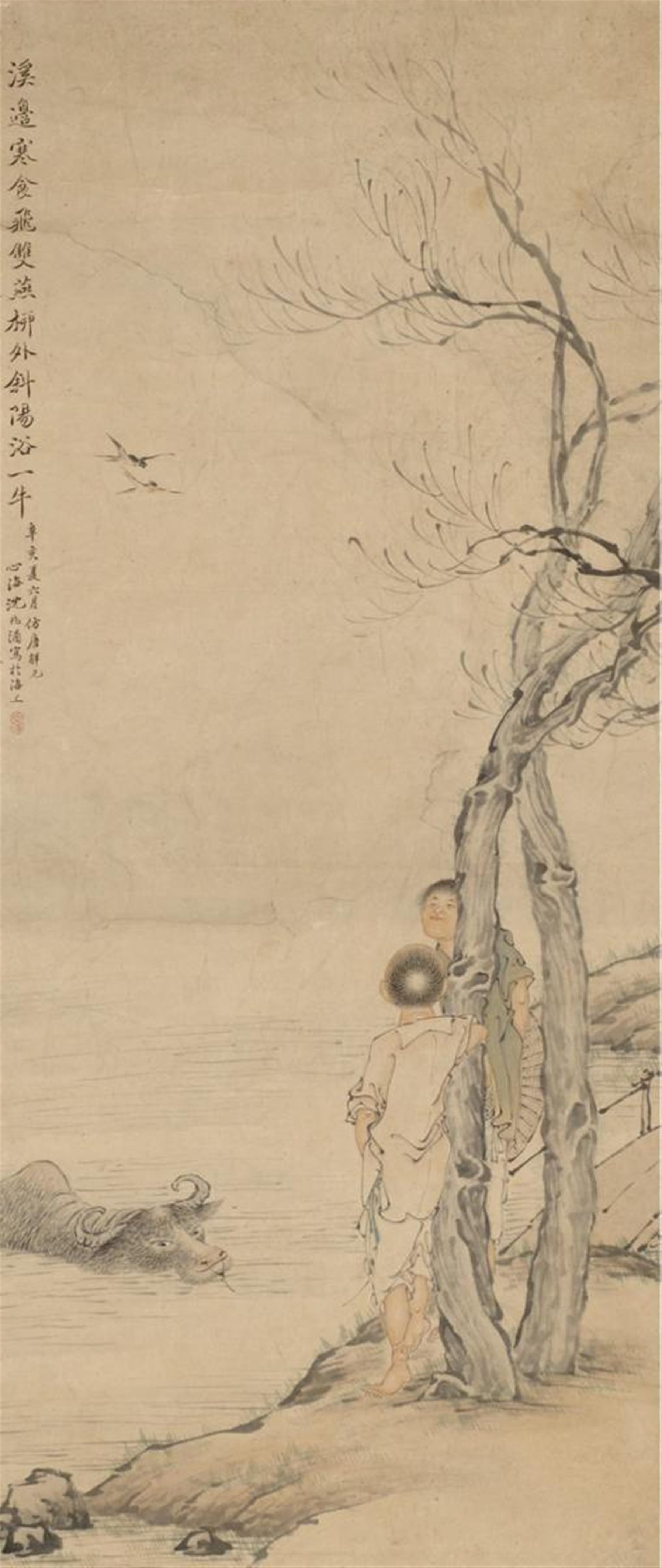 Shen Xinhai - Zwei Jungen mit Wasserbüffel. Hängerolle. Tusche und leichte Farben auf Papier. Aufschrift, zyklisch datiert xinhai (1911), sign.: Xinhai Shen Zhaohan und Siegel: Xinhai. - image-1