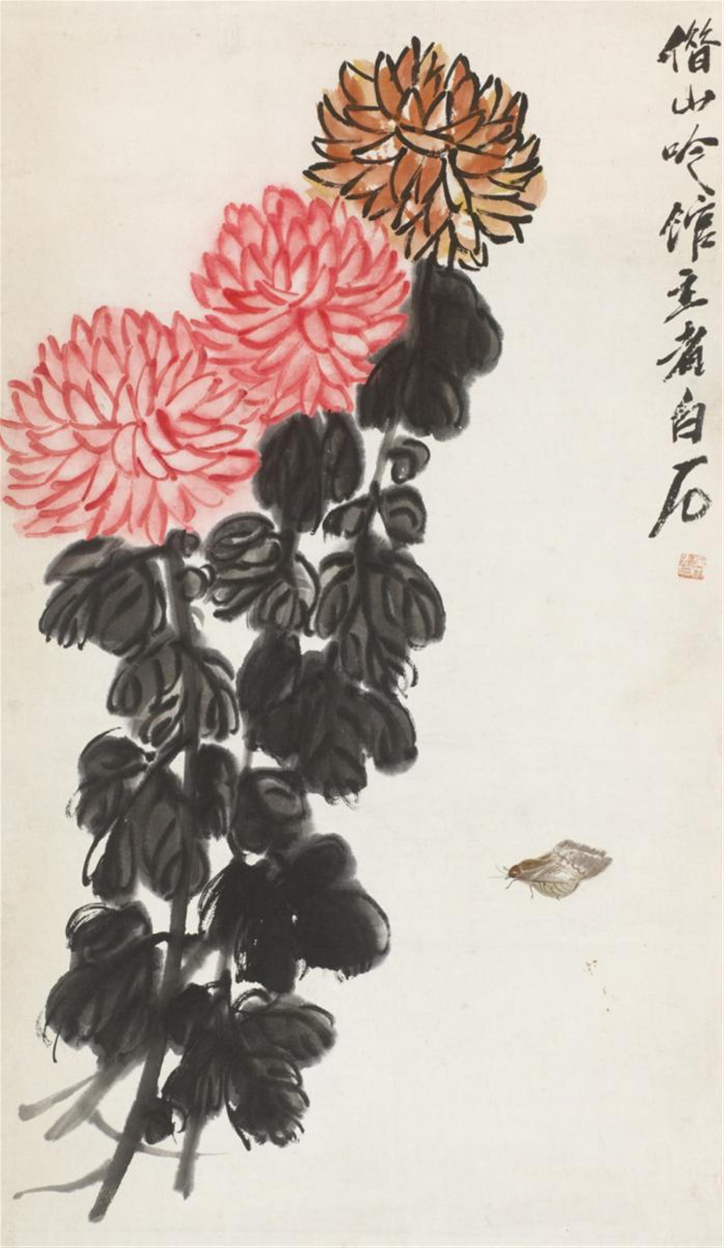 Probably Qi Baishi - Chrysanthemums and butterfly. Hanging scroll. Ink and colours on paper. Inscription, signed Baishi and sealed Lao Bai. - image-1