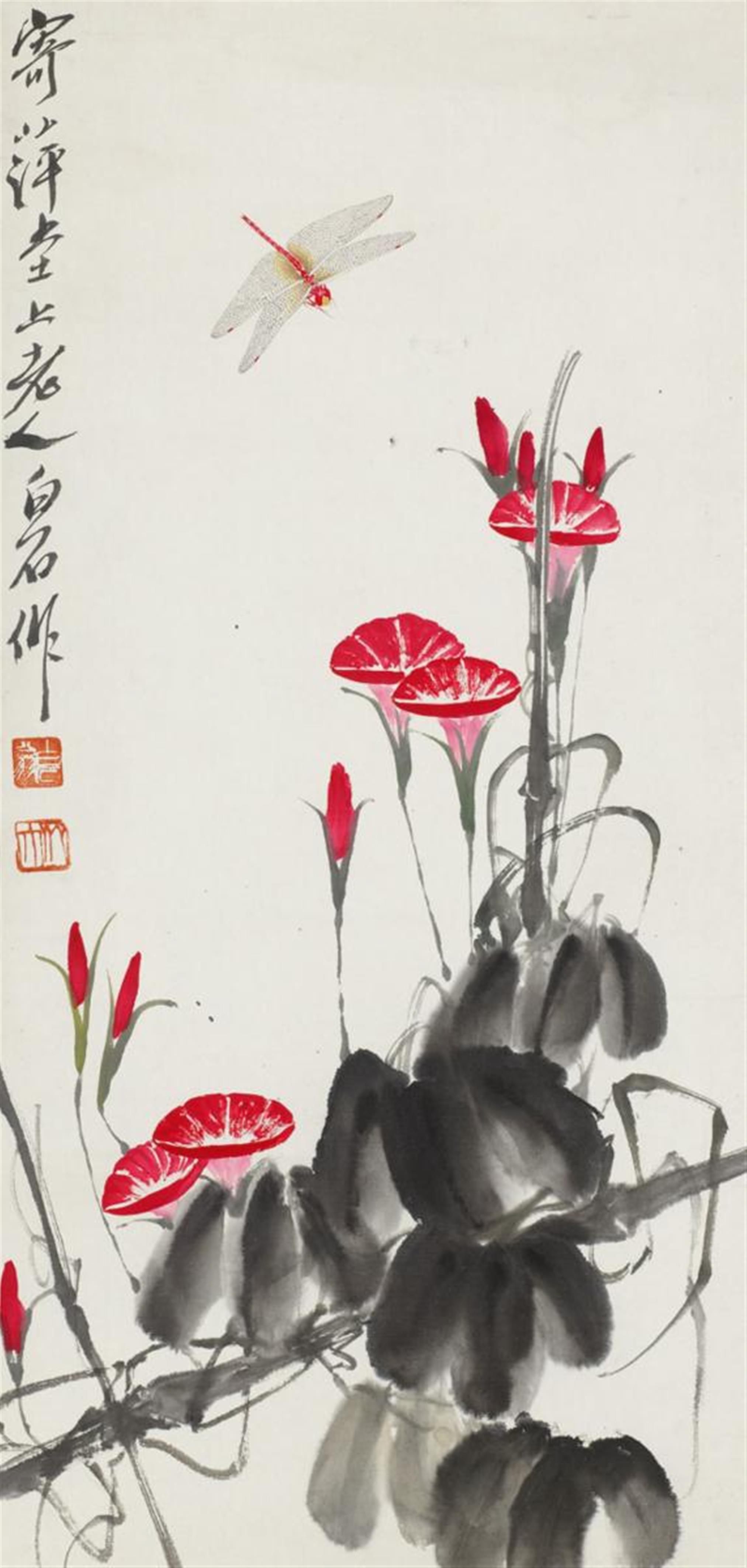 Qi Baishi, in the manner of - Morning glories and dragonfly. Hanging scroll. Ink and colours on paper. Inscribed Laoren Baishi and sealed Baishi weng and Qi da. - image-1