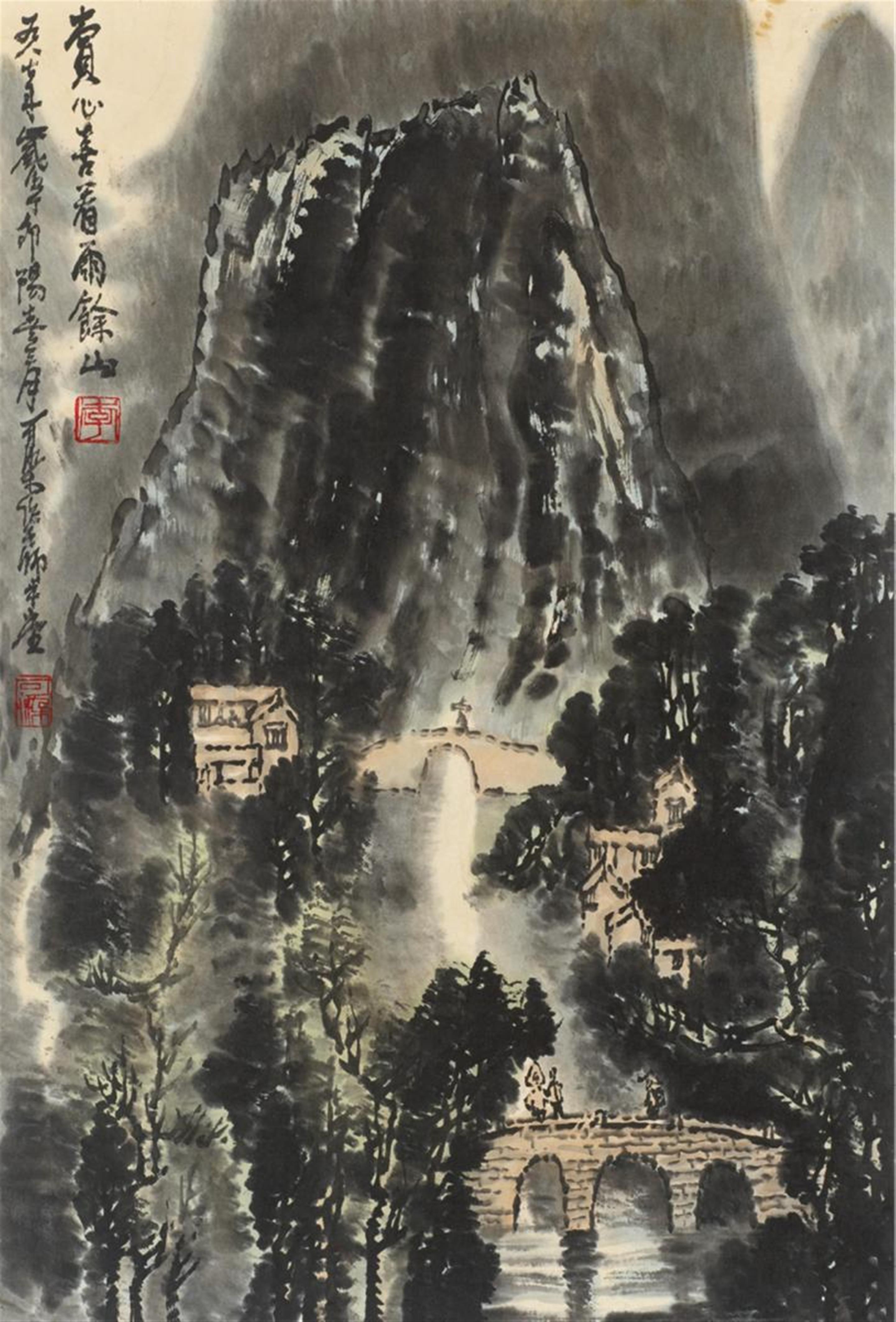Li Keran, in the manner of - Mountain landscape with bridges. Hanging scroll. Ink and colours on paper. Inscribed Keran and sealed Li and Keran. - image-1