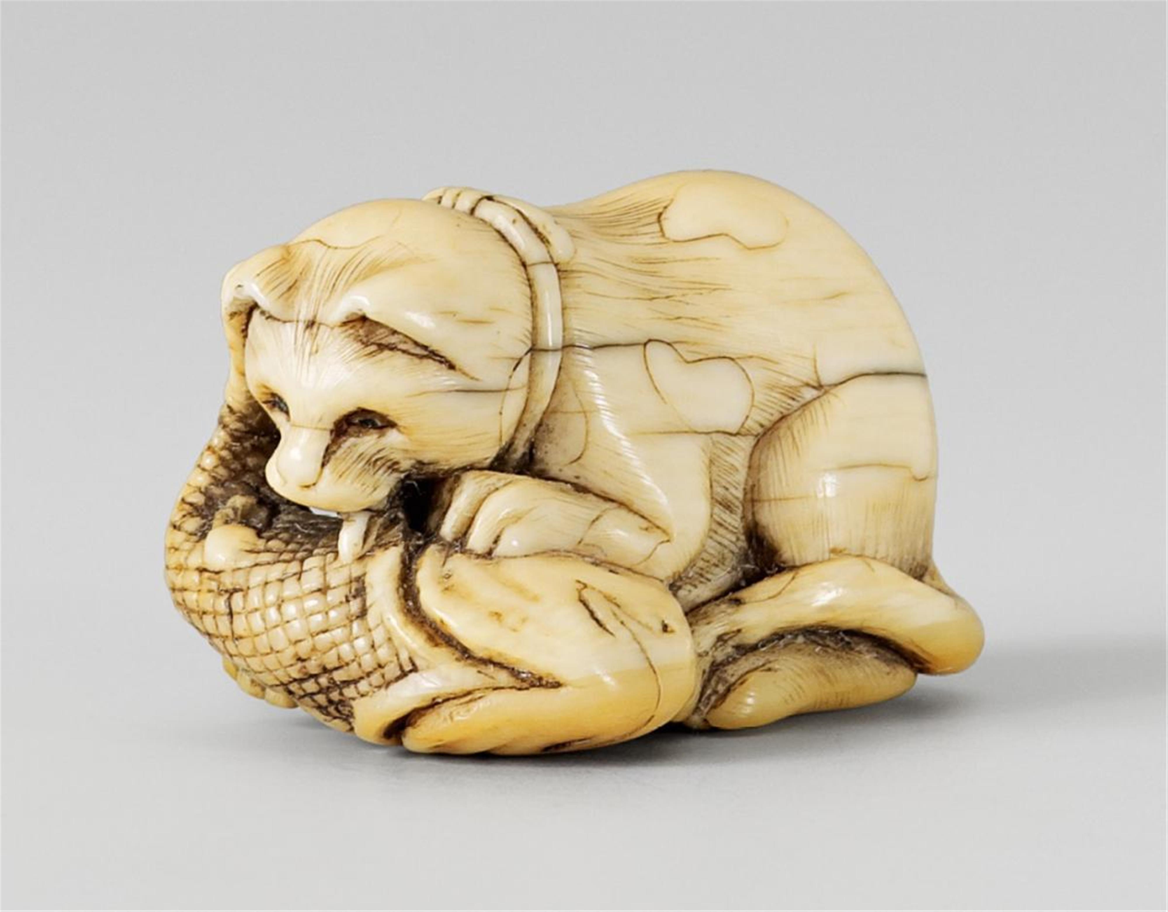 A charming ivory netsuke of a spotted cat with a fish. Late 18th century - image-1