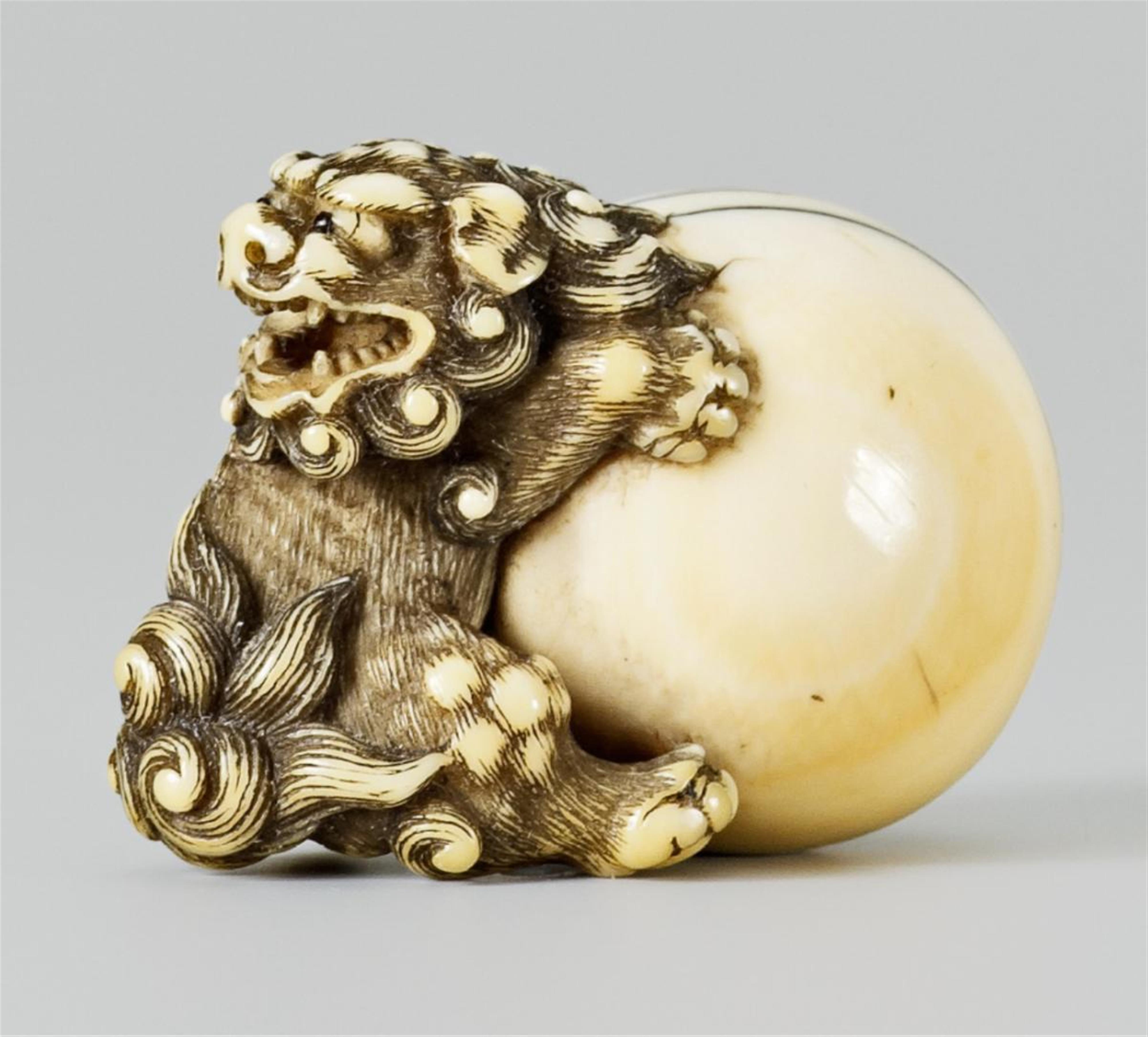 A large Kyoto school ivory netsuke of a shishi with a huge ball. Late 18th/early 19th century - image-1