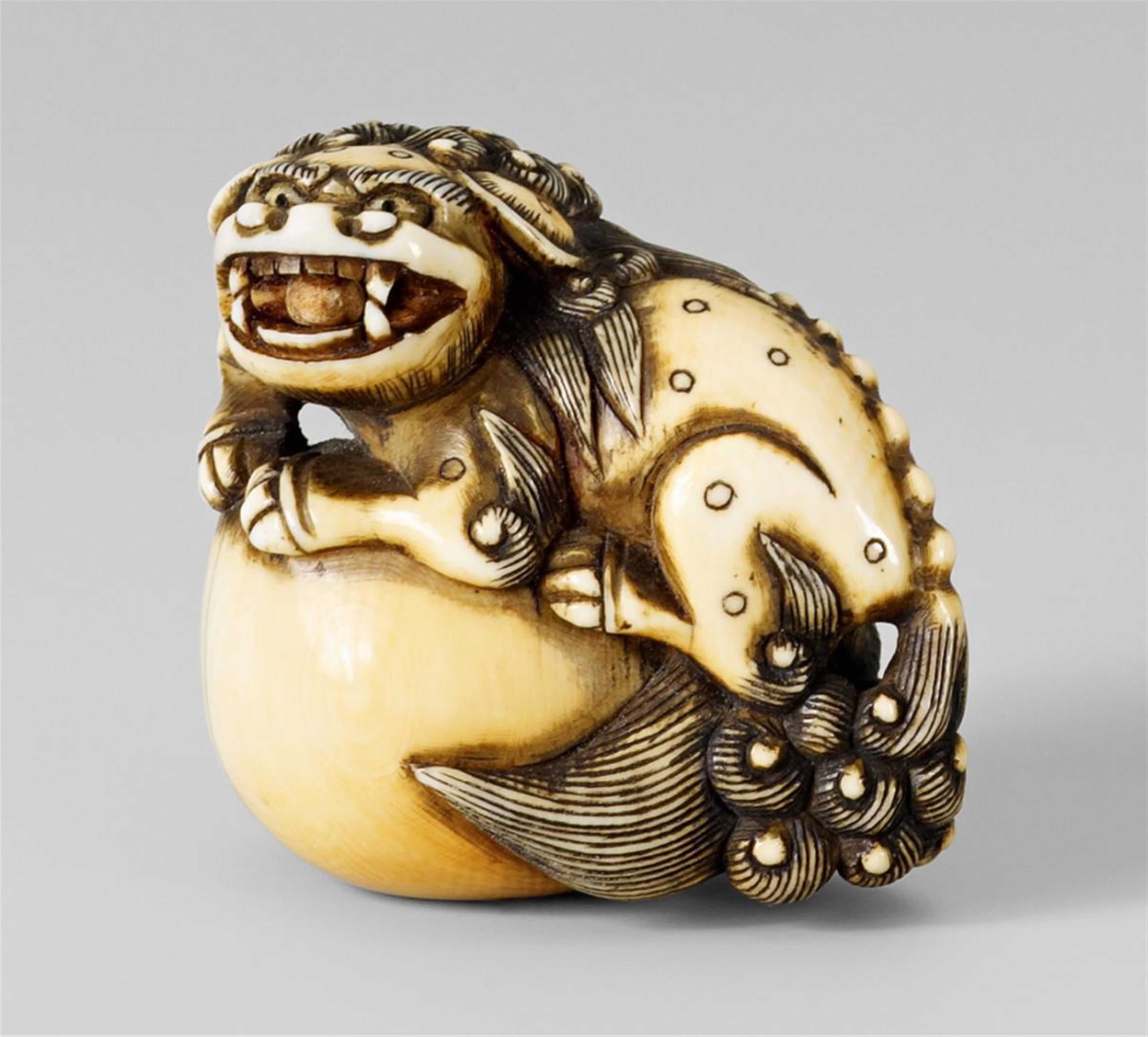 An ivory netsuke of a shishi with a large ball. Early 19th century - image-1