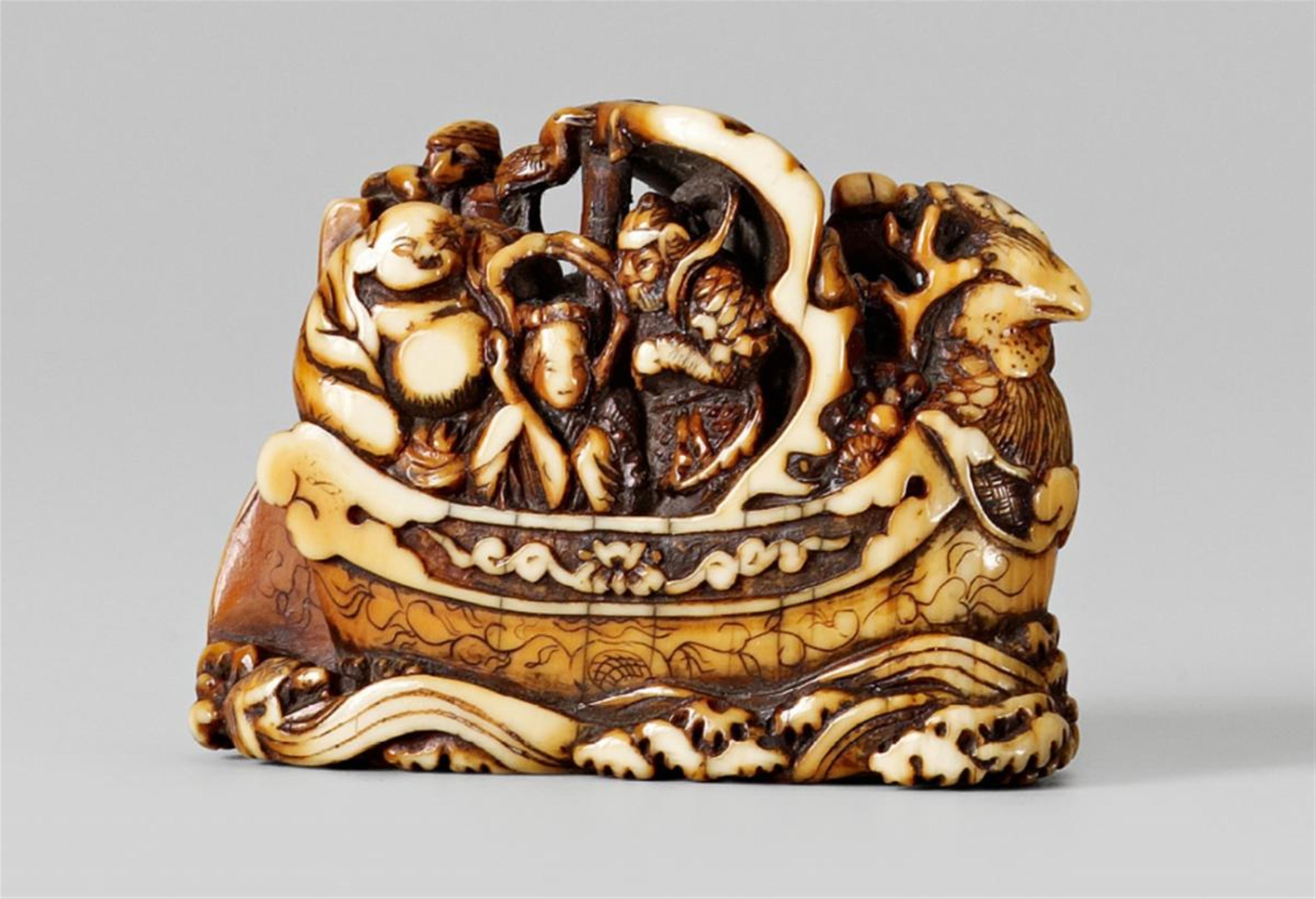 A stained ivory netsuke of the Seven Gods of Good Luck in a phoenix boat, by Ryûchin. Mid-19th century - image-1