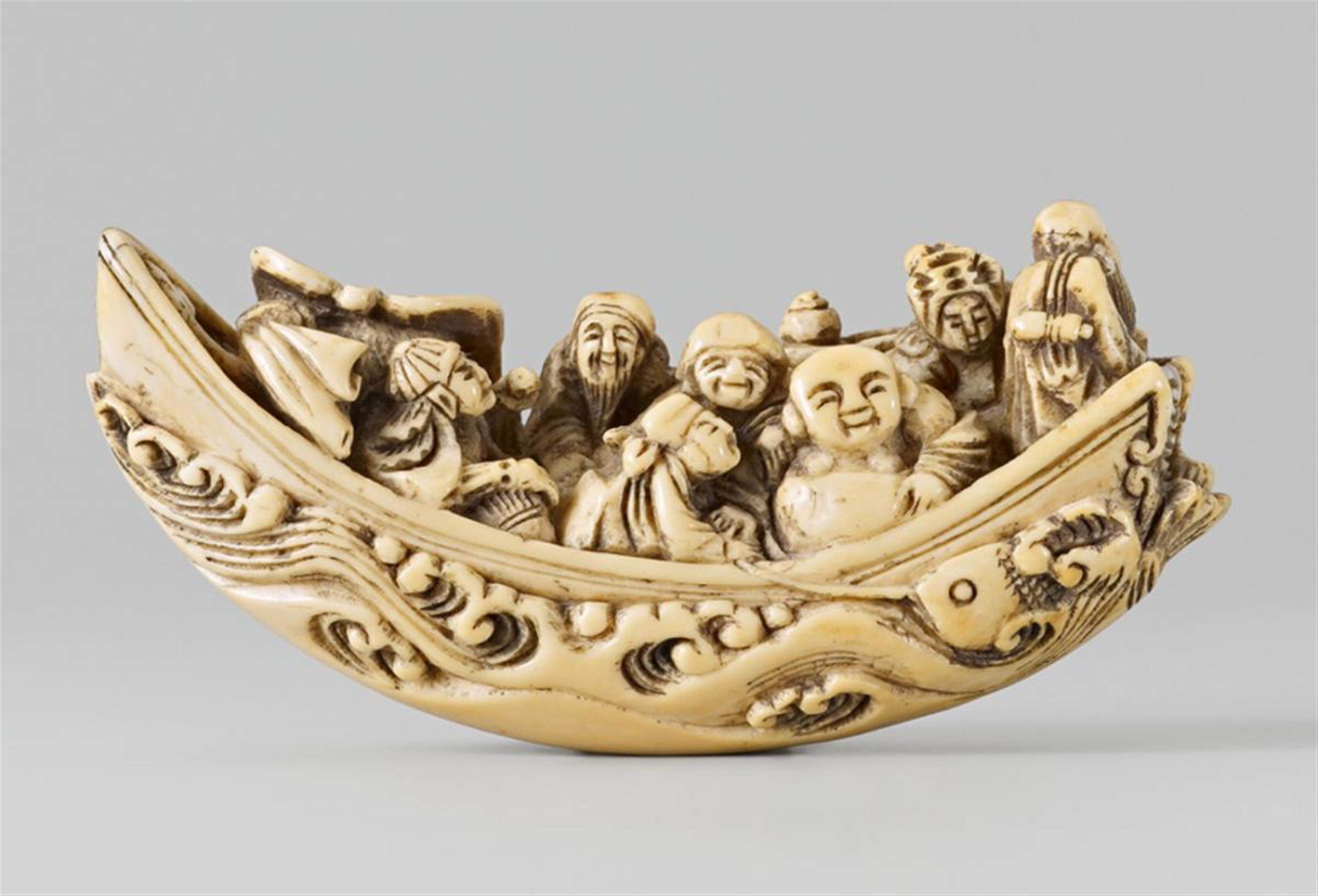 A very large ivory netsuke of the Seven Gods of Good Luck in a boat. Late 19th century - image-1