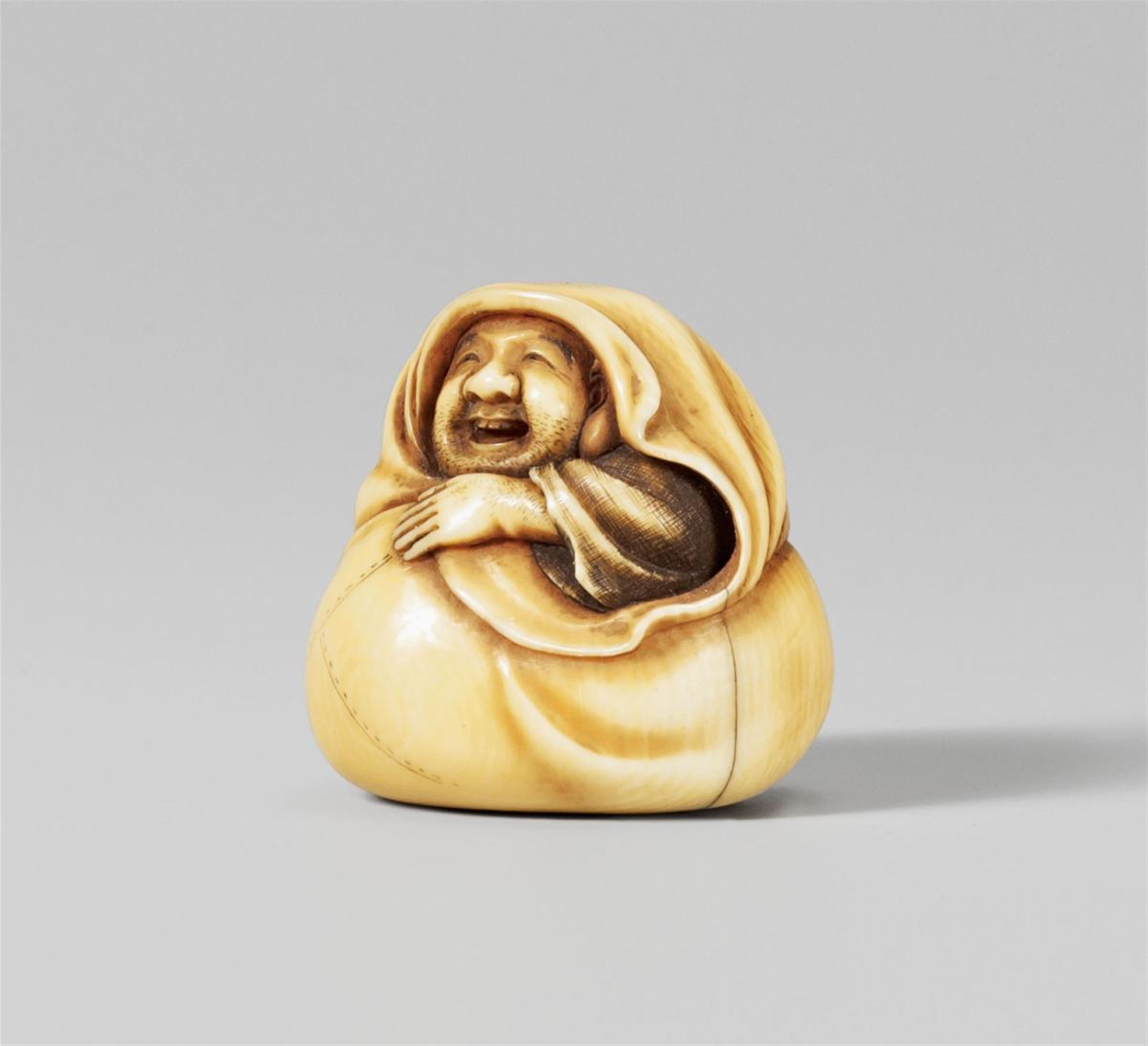 An Osaka school stained ivory netsuke of Hotei in his bag, by Mitsuhiro. Dated 1845 - image-1