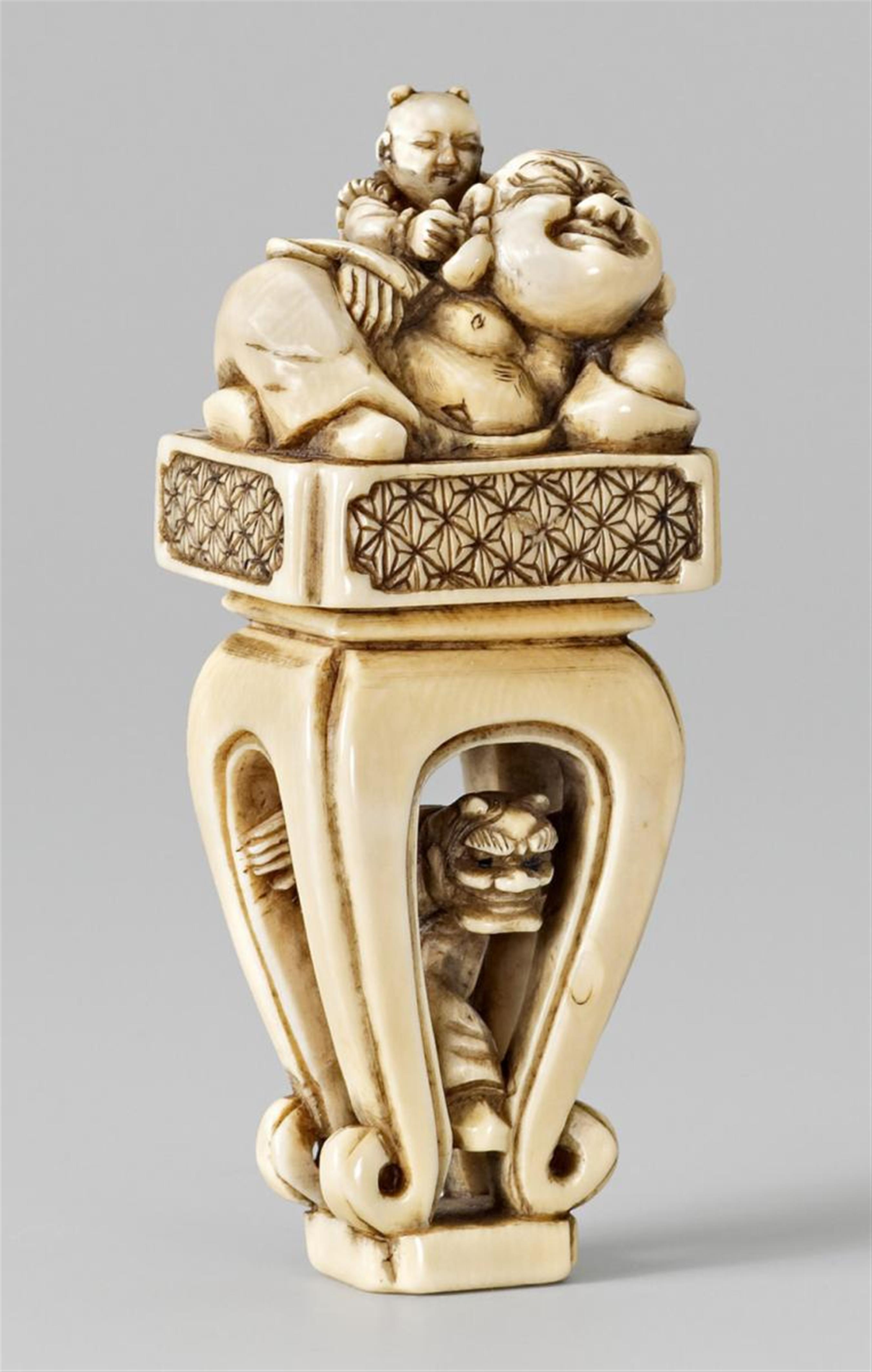 An ivory netsuke of Hotei on a high Chinese-style table. 19th century - image-1