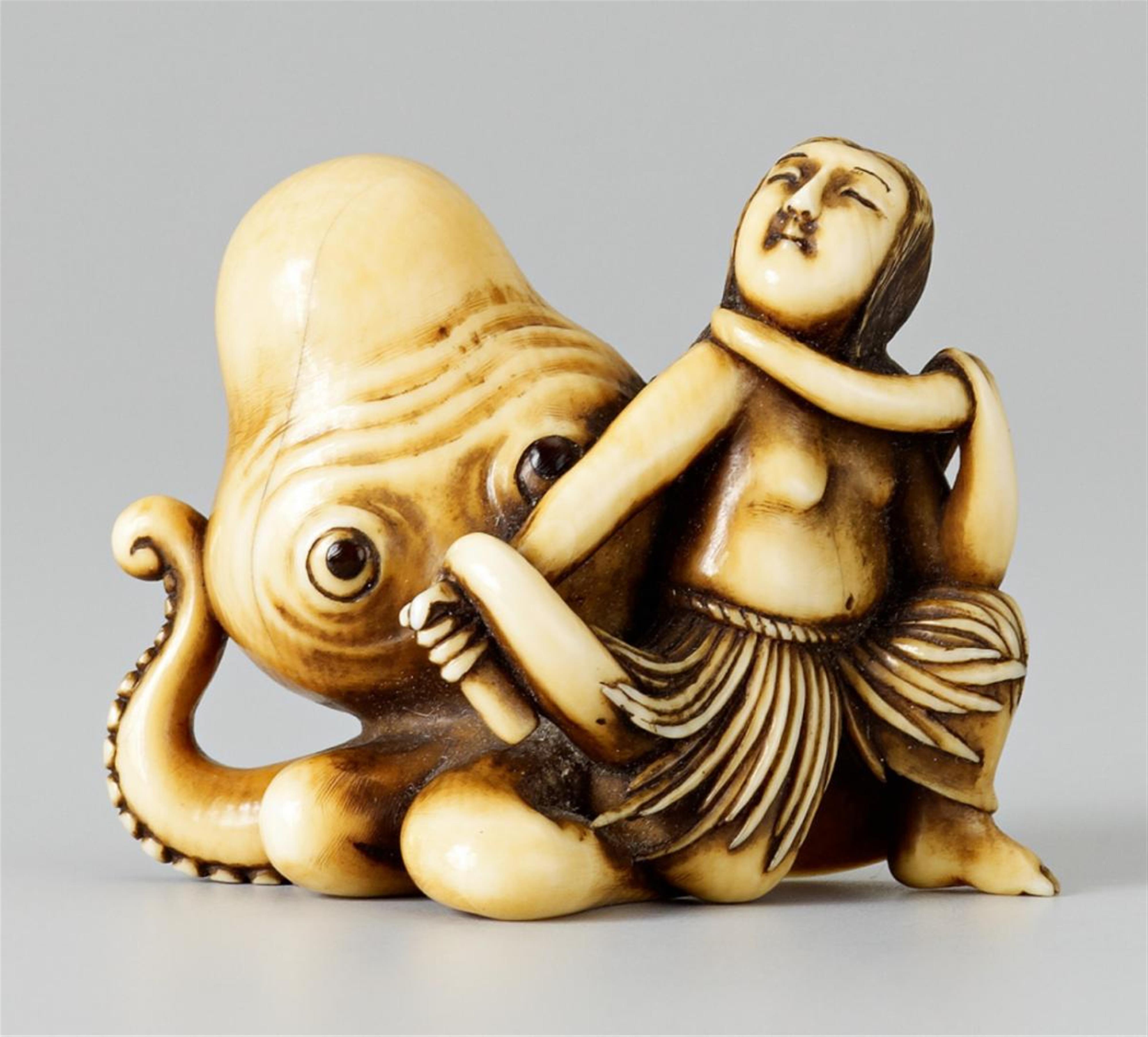 An ivory shunga netsuke of an ama and octopus. Late 19th century - image-1