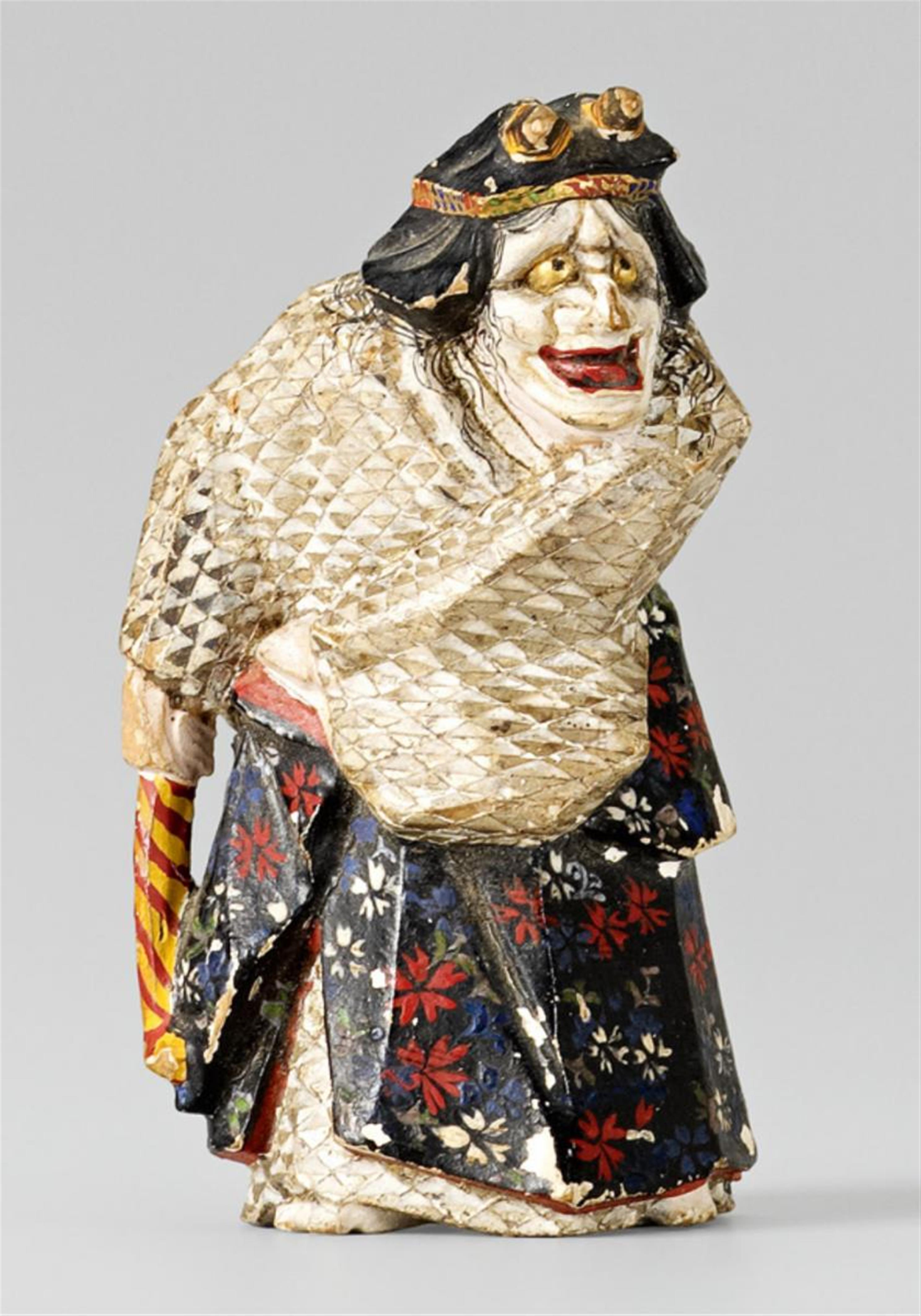 A Nara ningyo type painted wood netsuke of a nô actor in the role of Kiyohime, by Mitsumasa. Late 19th century - image-1