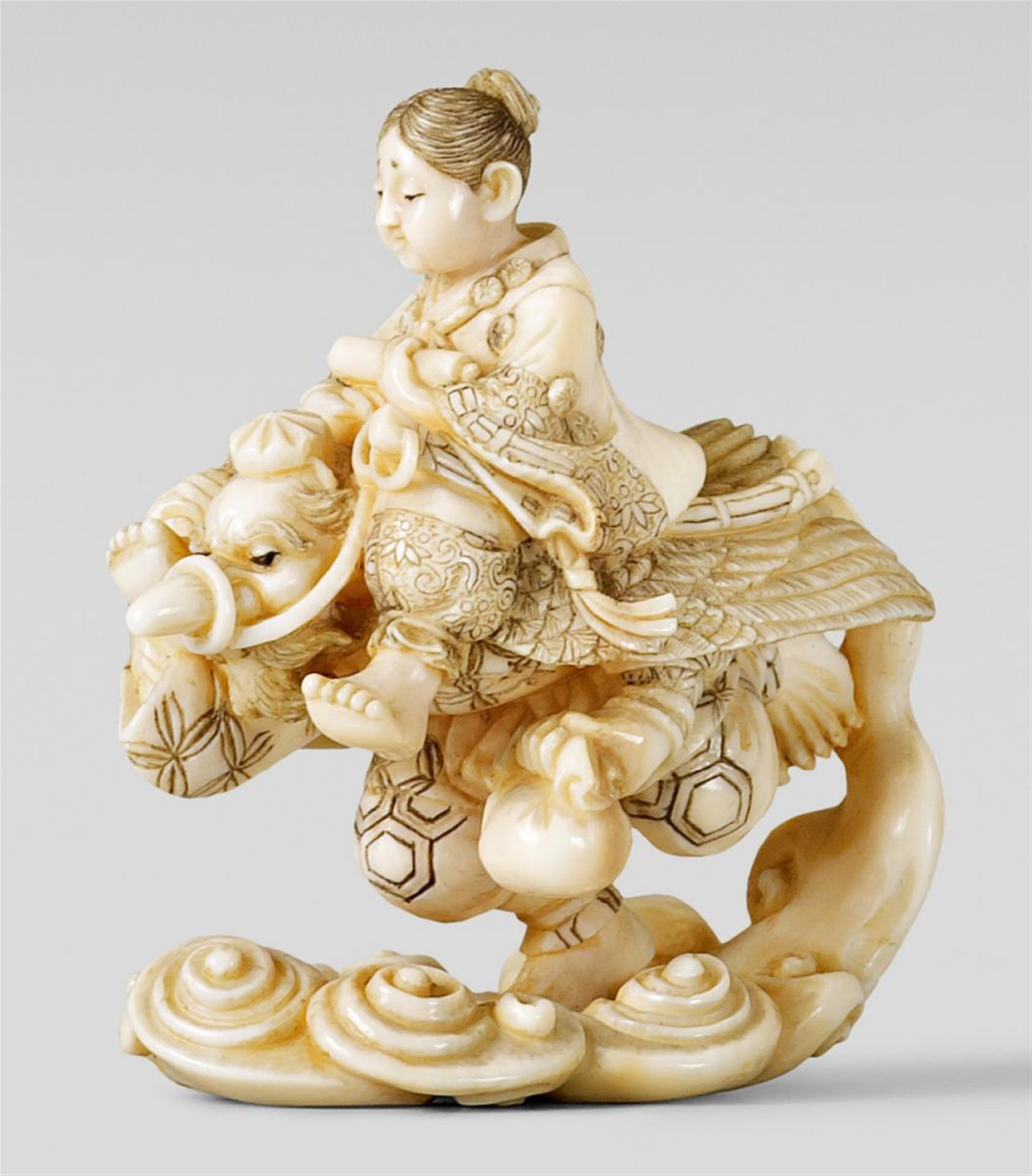 An intricate ivory netsuke of Ushiwakamaru riding a winged tengu, by Mitsuo. Late 19th century - image-1