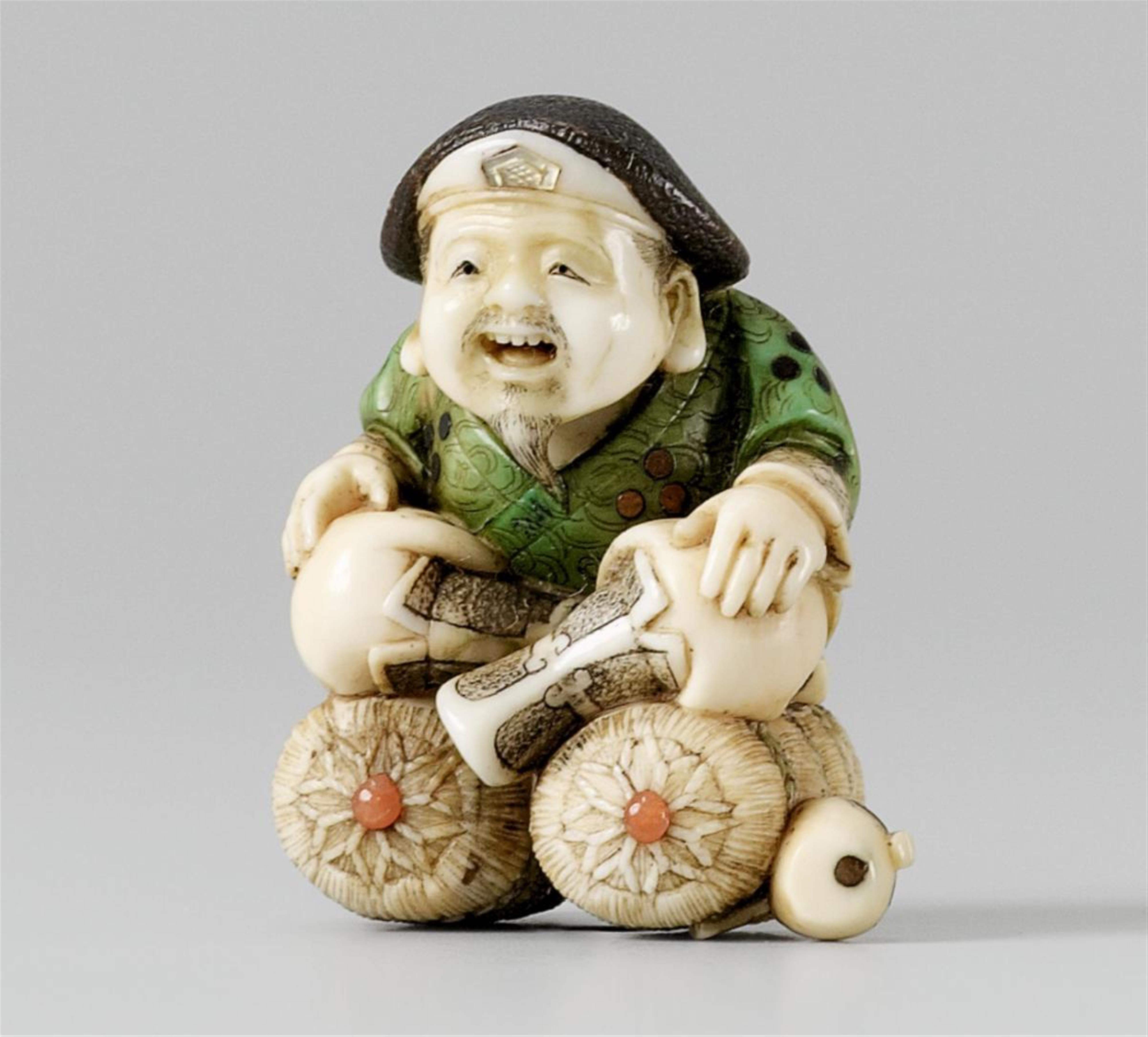 A fine Tokyo school stained and inlaid ivory netsuke of Daikoku, by Yasuaki. Late 19th century - image-1