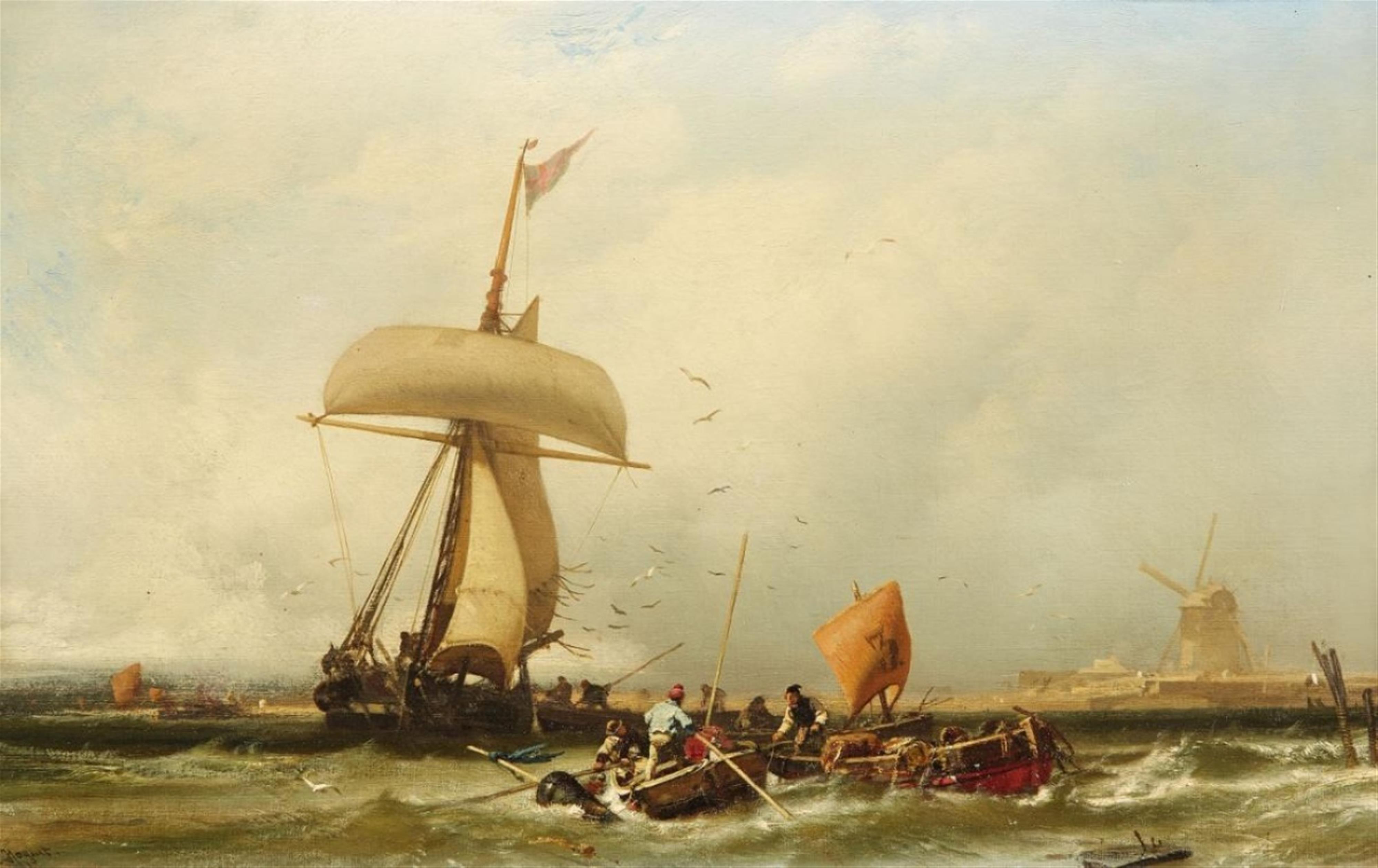 Charles Hoguet - Holländische Küstenansicht mit Segelschiff und Booten - image-1