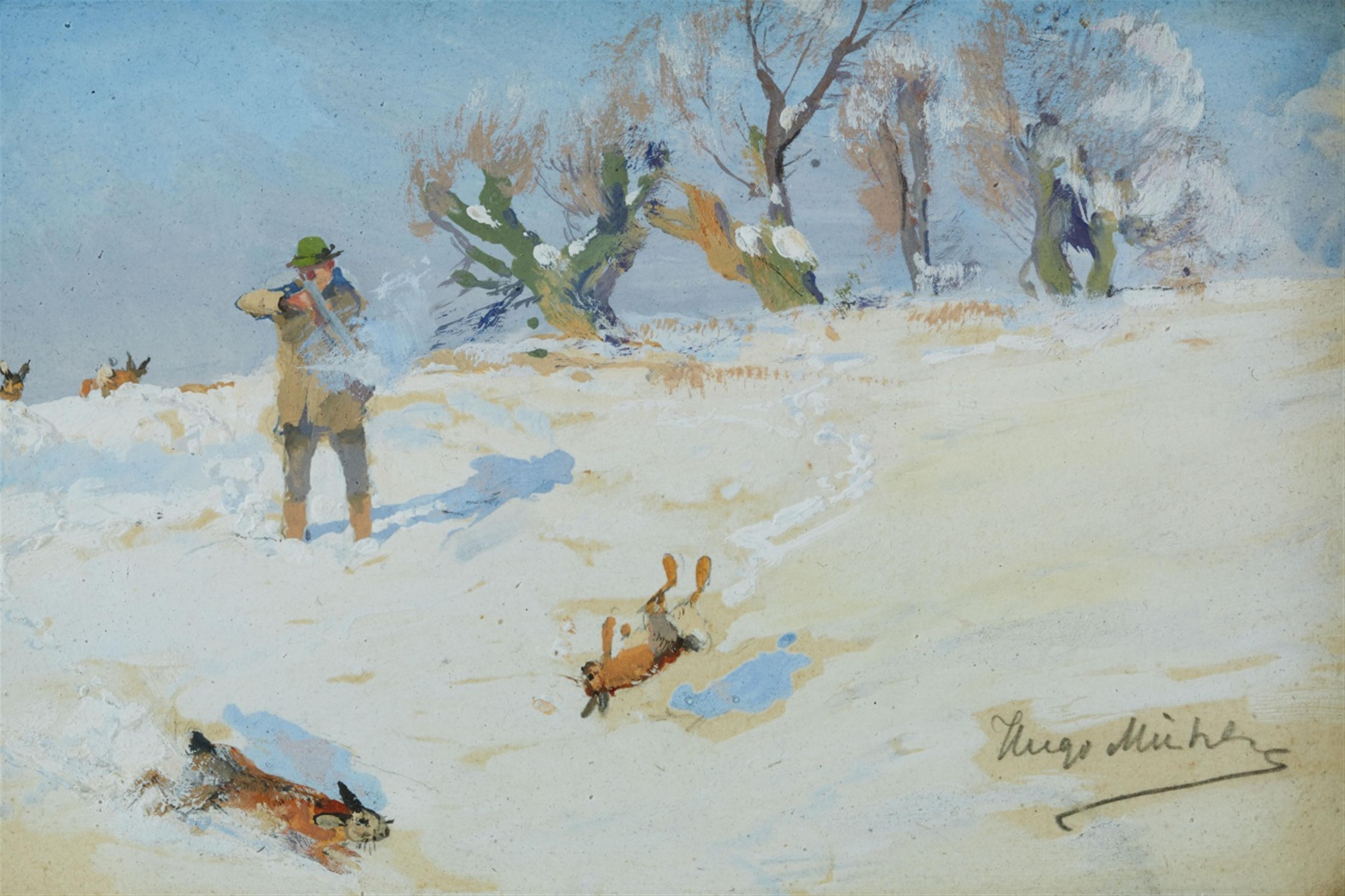 Hugo Mühlig - Winter Landscape with a Rabbit Hunt - image-1