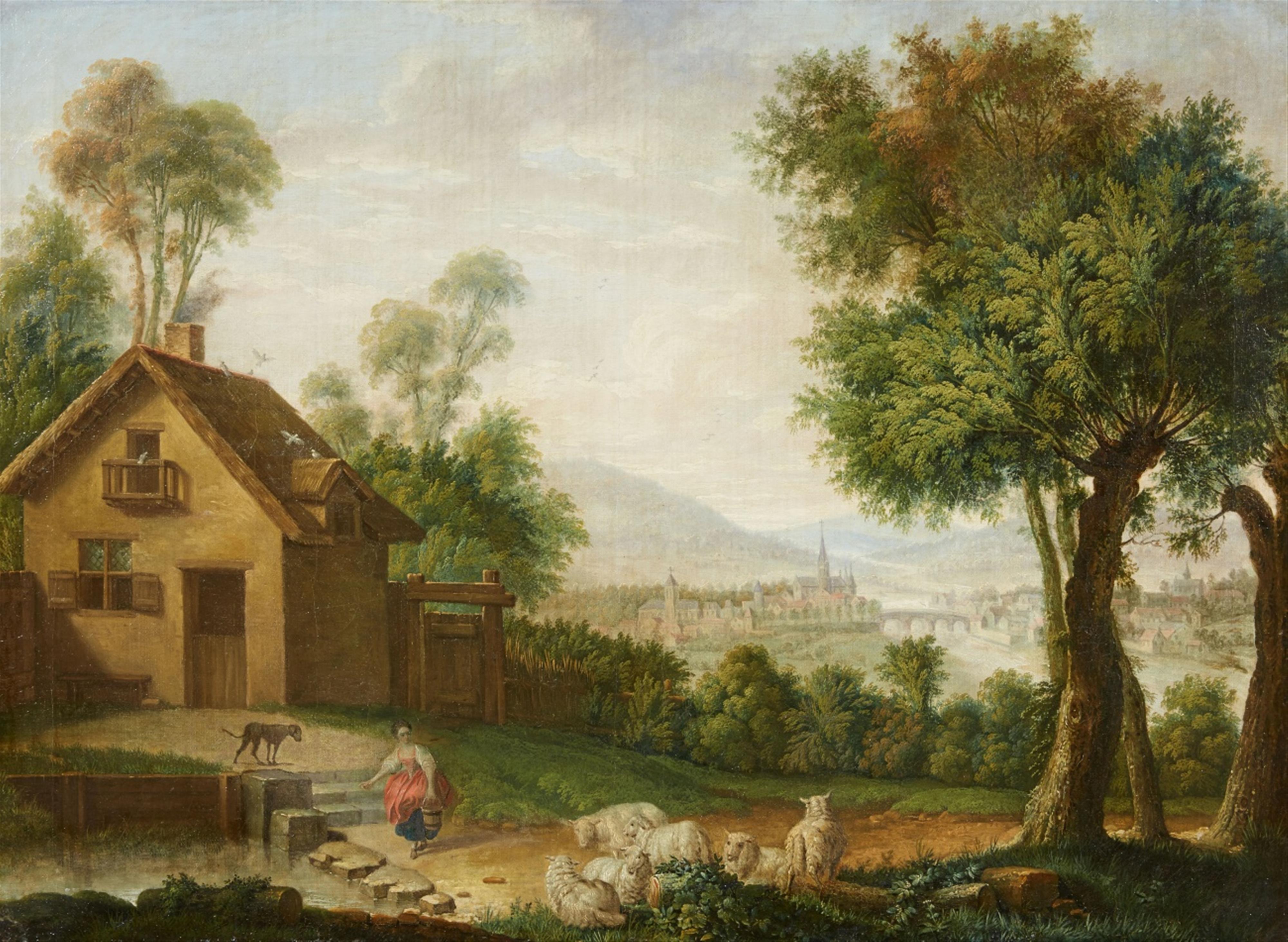Deutscher Meister der 2. Hälfte des 18. Jahrhunderts - Landschaft mit Bauernhaus und Blick auf eine Stadt am Fluss - image-1