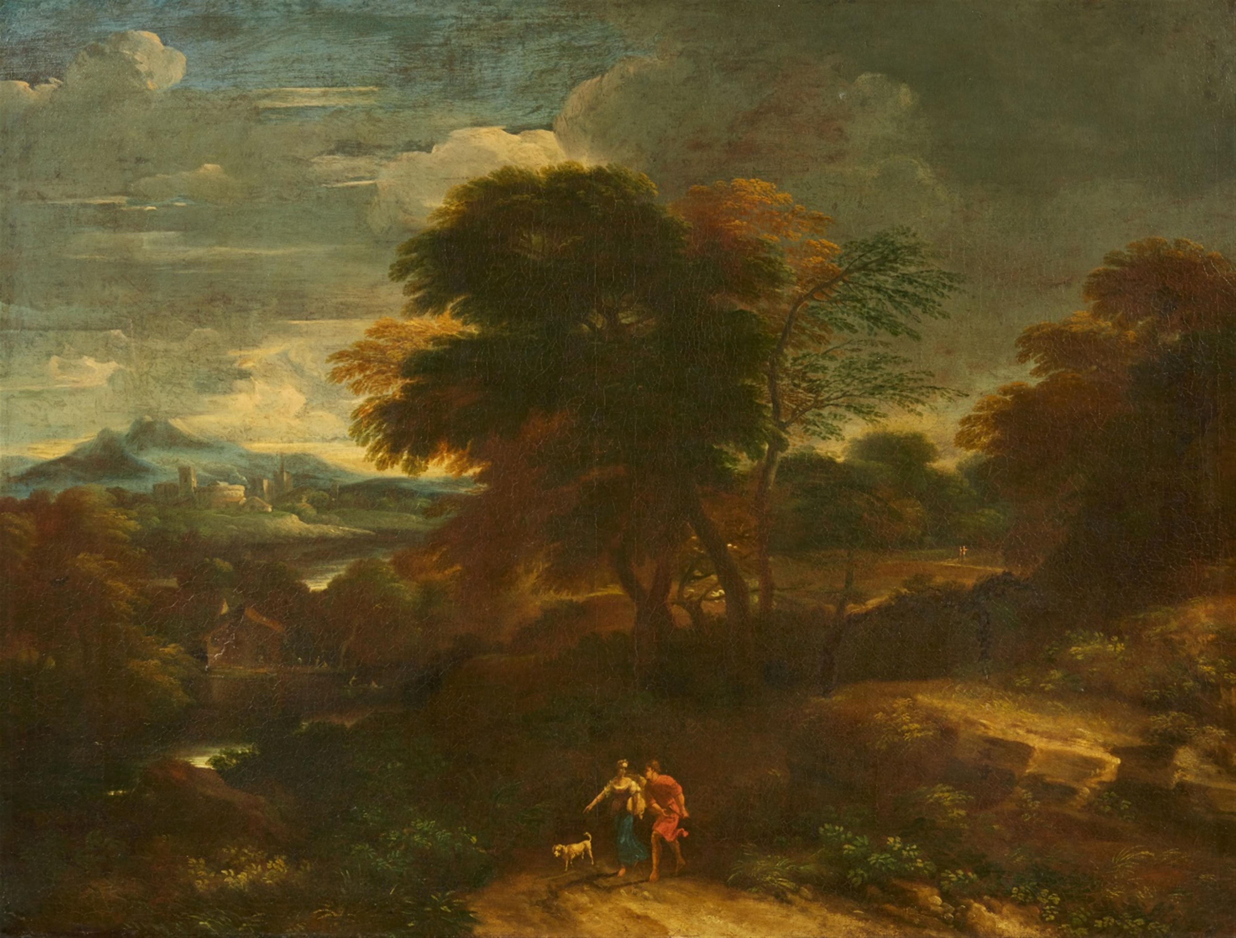 Netherlandish School 17th century - Panoramic Landscape with Shepherds and a Dog - image-1