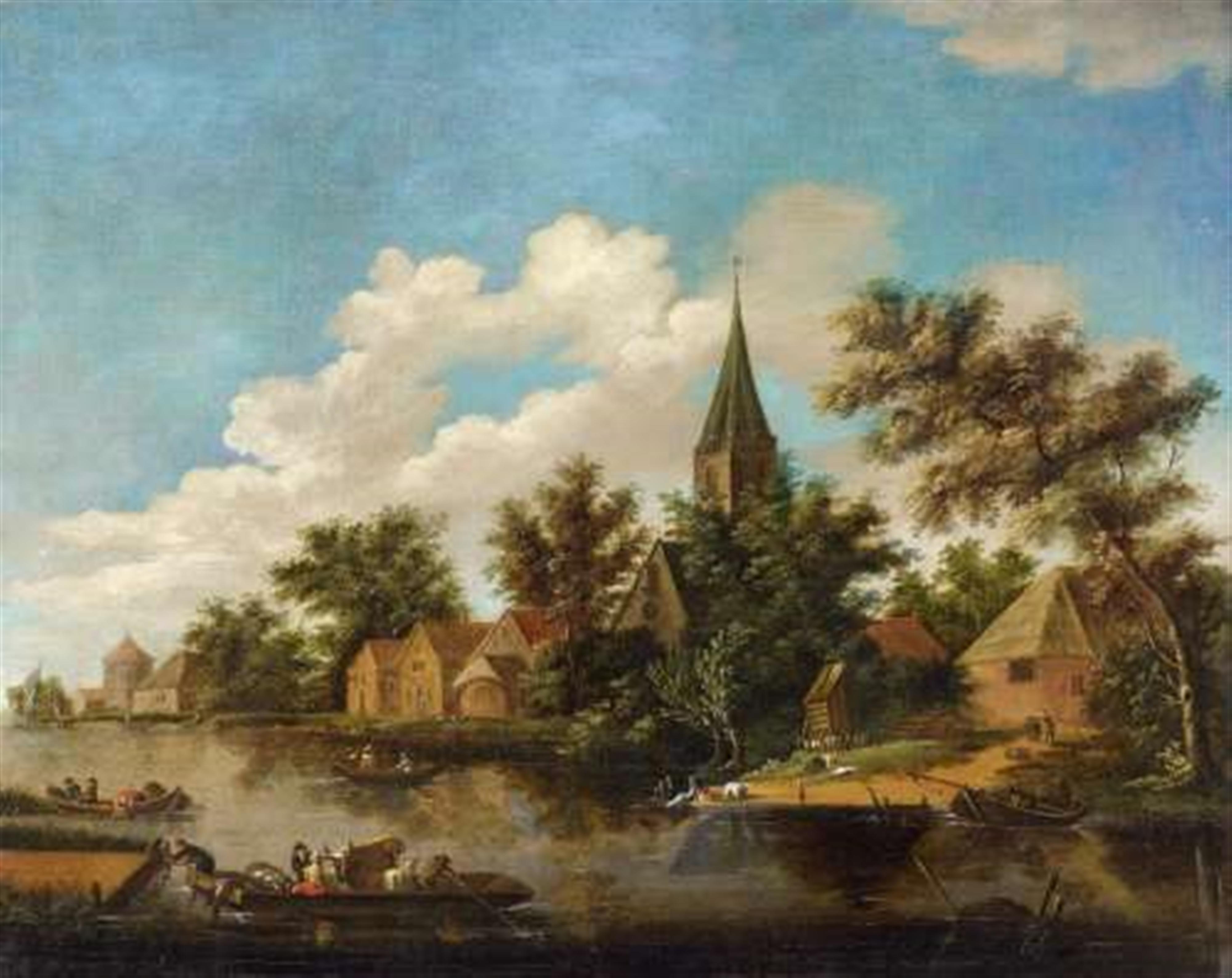 Lambert van Straaten - Dutch River Landscape with a Village and Figures - image-1