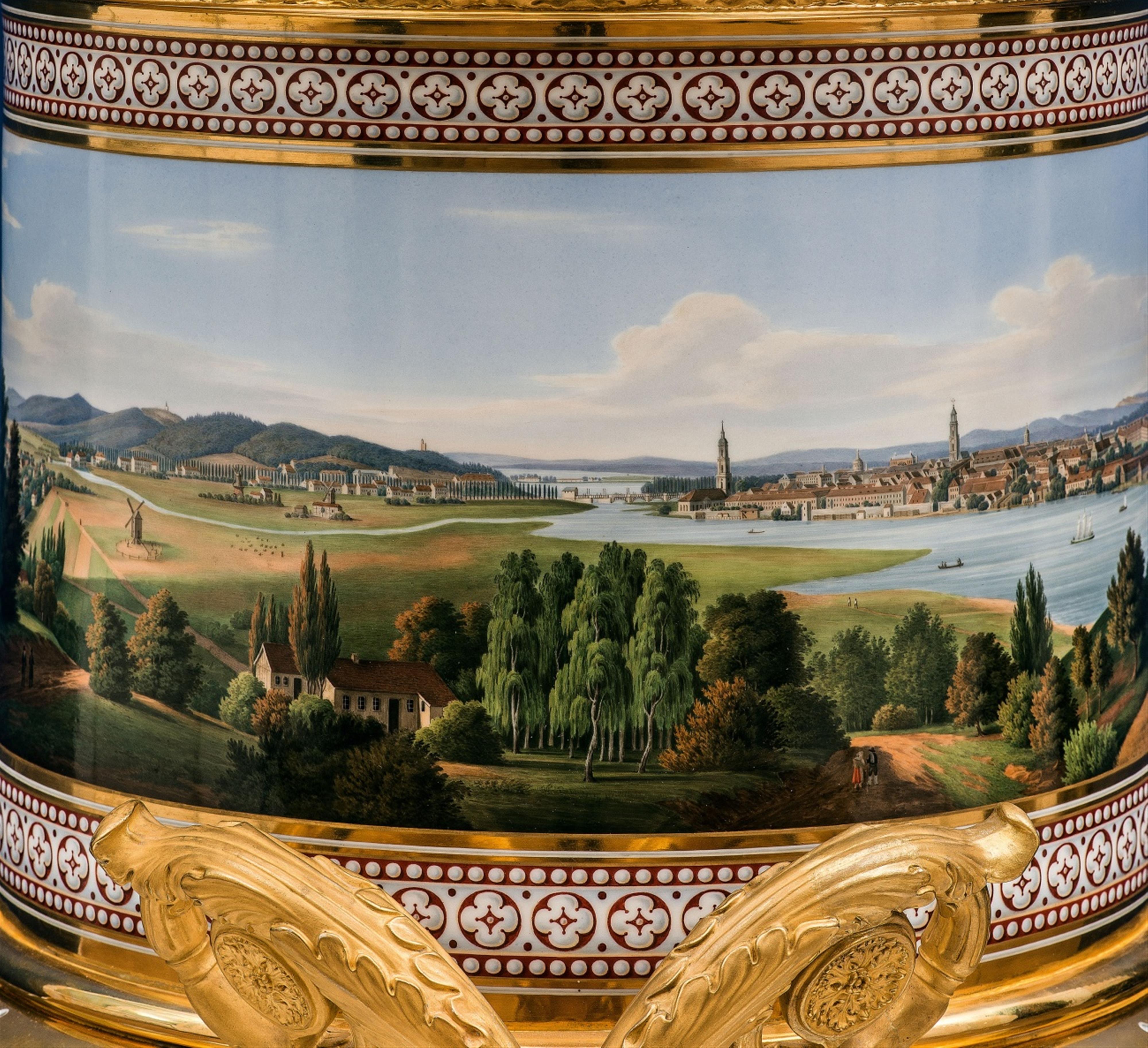 A monumental Berlin KPM ormolu-mounted porcelain krater form vase with a view of Potsdam. - image-2