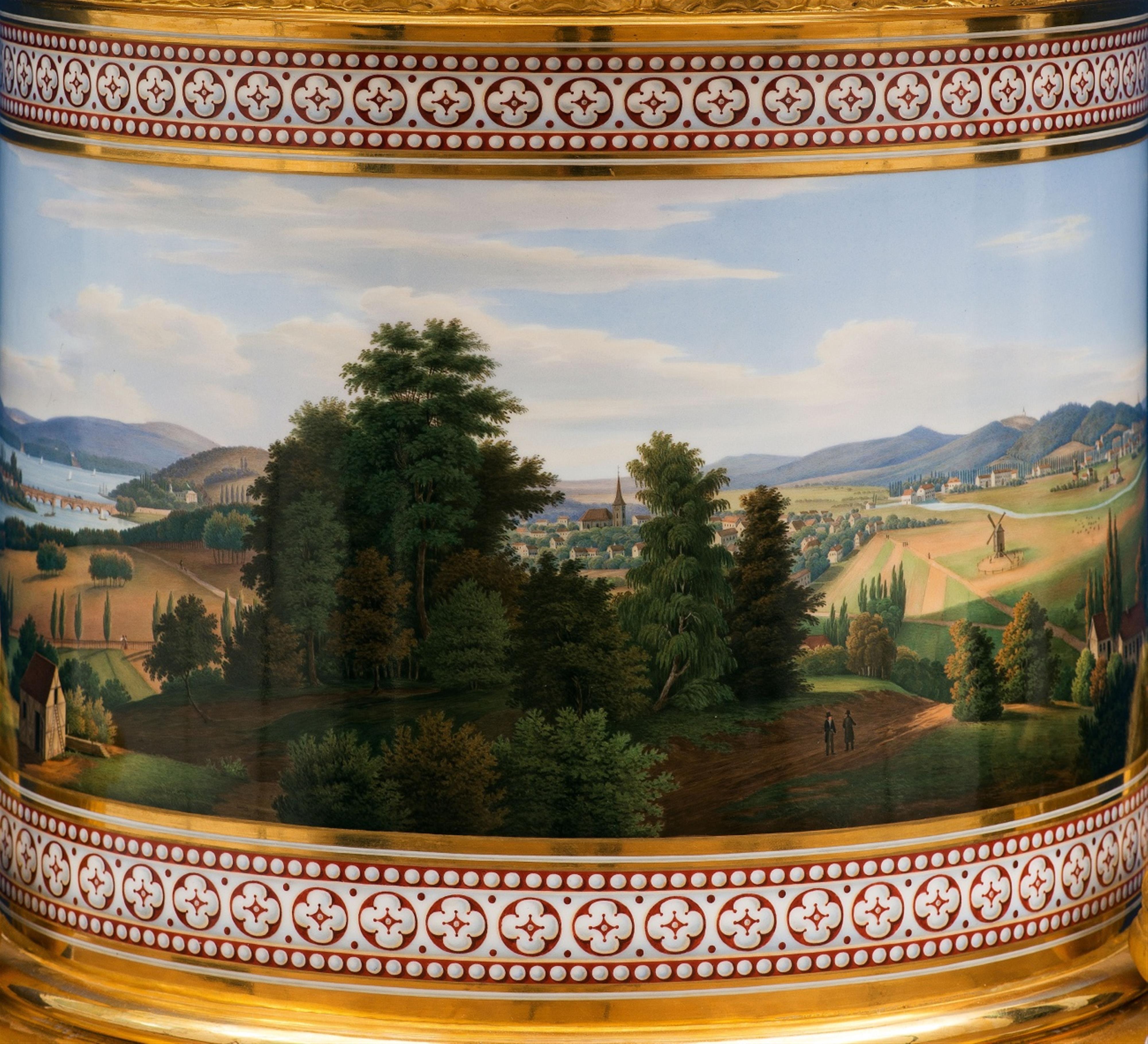 A monumental Berlin KPM ormolu-mounted porcelain krater form vase with a view of Potsdam. - image-3