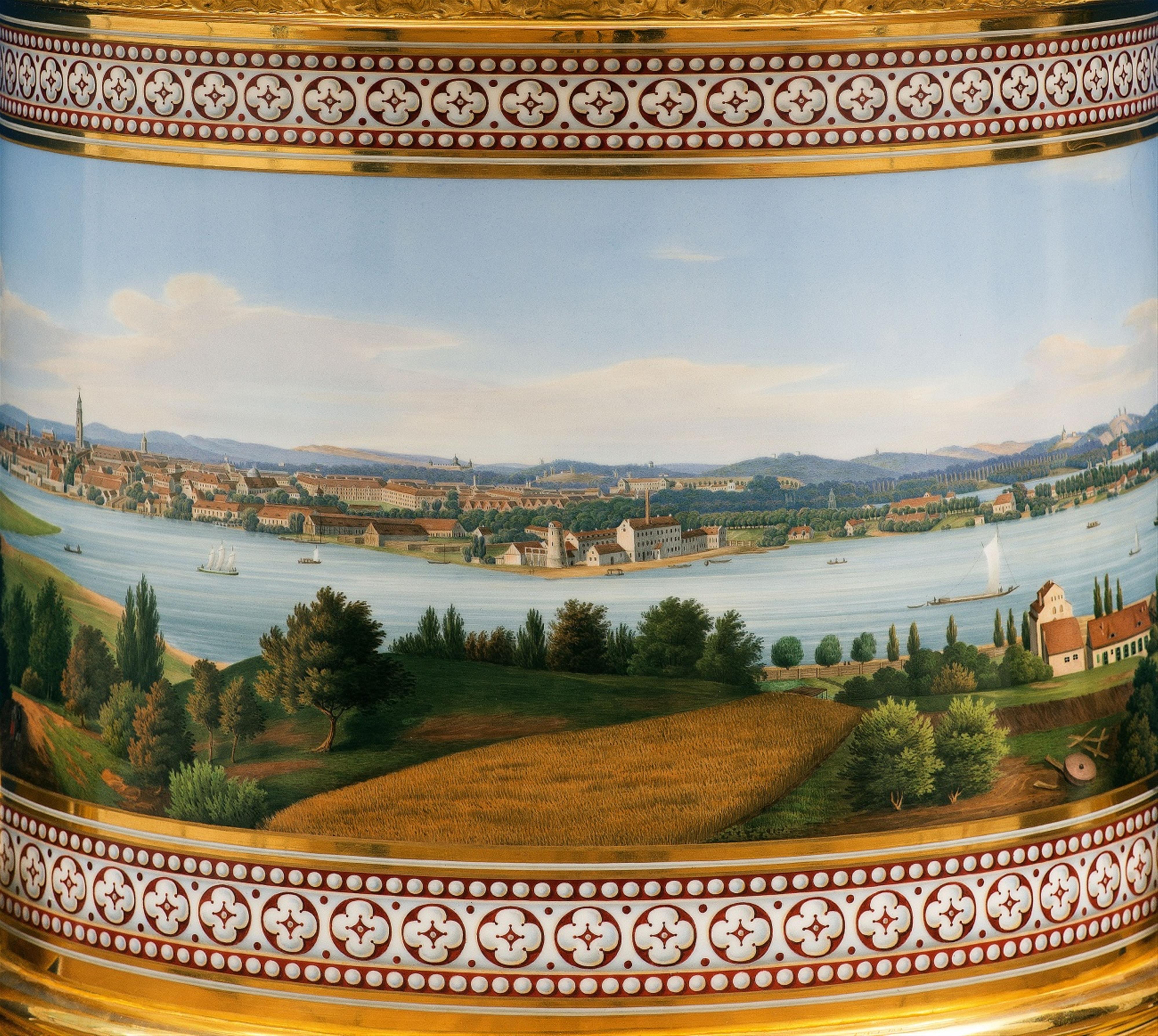 A monumental Berlin KPM ormolu-mounted porcelain krater form vase with a view of Potsdam. - image-5