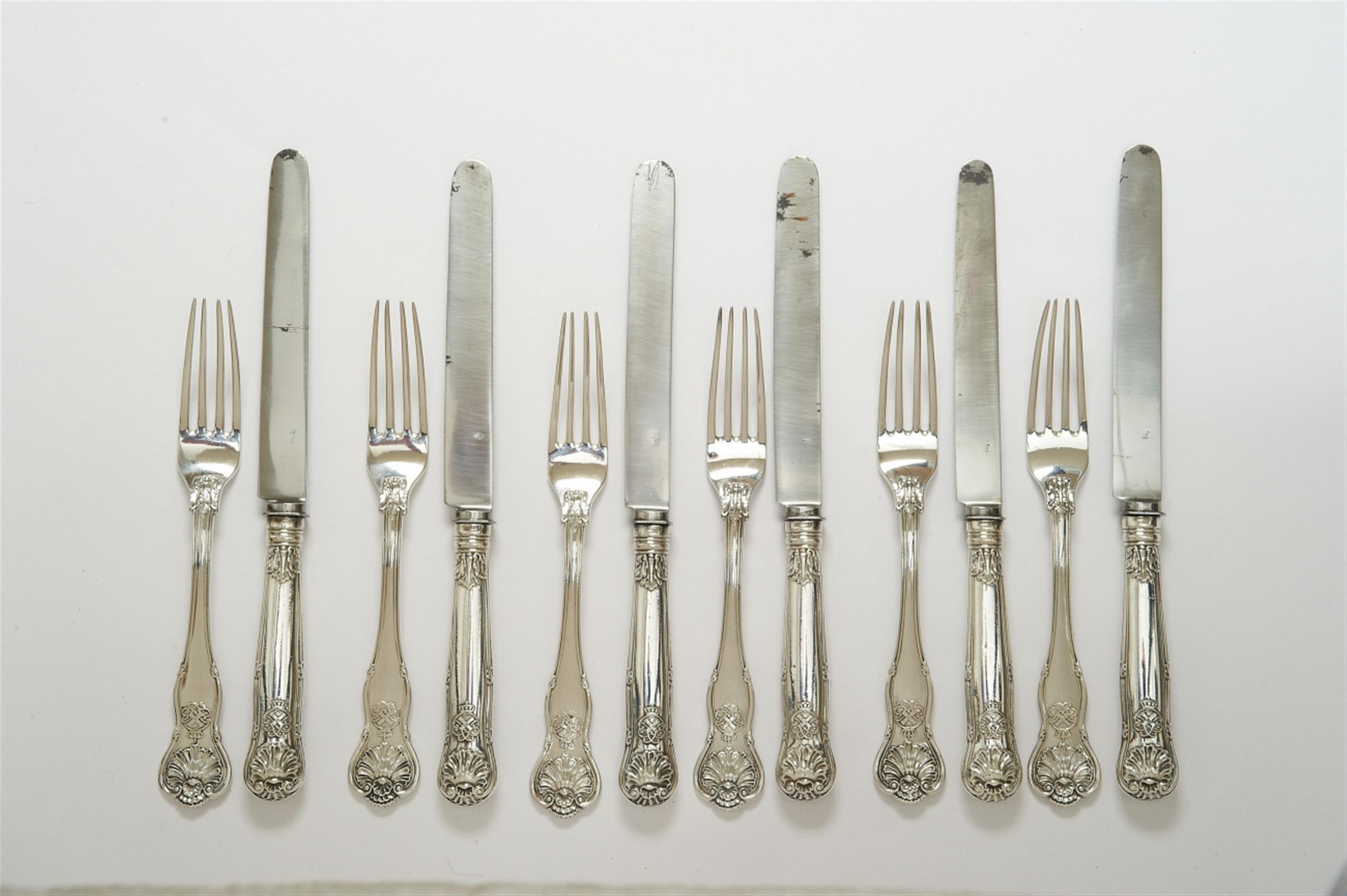 A set of six Berlin silver knives and forks made for Duke Leopold IV Friedrich of Anhalt-Dessau. The knife blades of steel. Monogrammed "L" beneath a Ducal crown. Marks of Johann George Hossauer, ca. 1850. - image-1