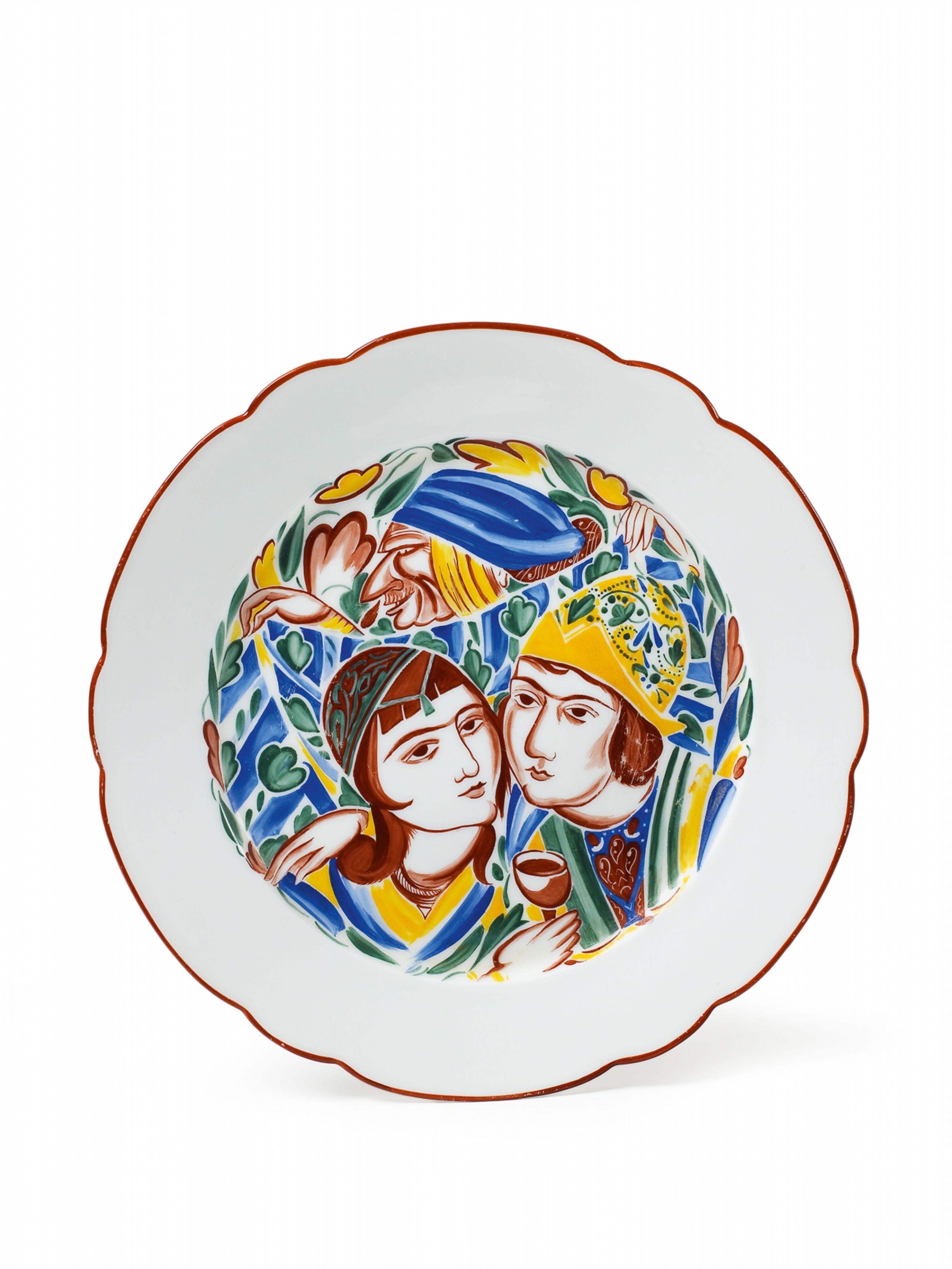 A shaped porcelain plate enamel decorated with a stylised Russian fairytale motif. - image-1