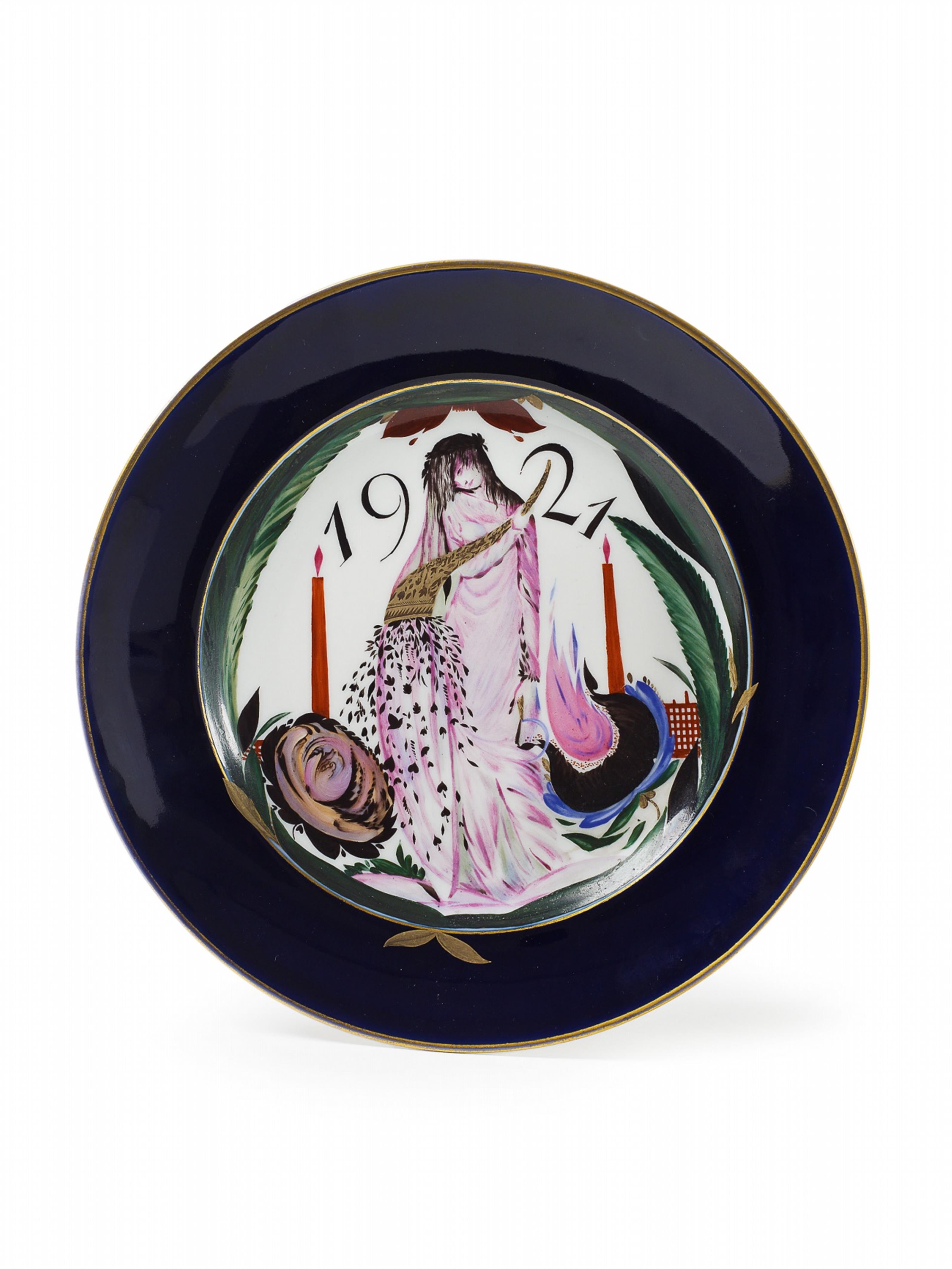 A porcelain plate with an enamel and etched gilt depiction of the mourning Ceres, dated 1921. - image-1