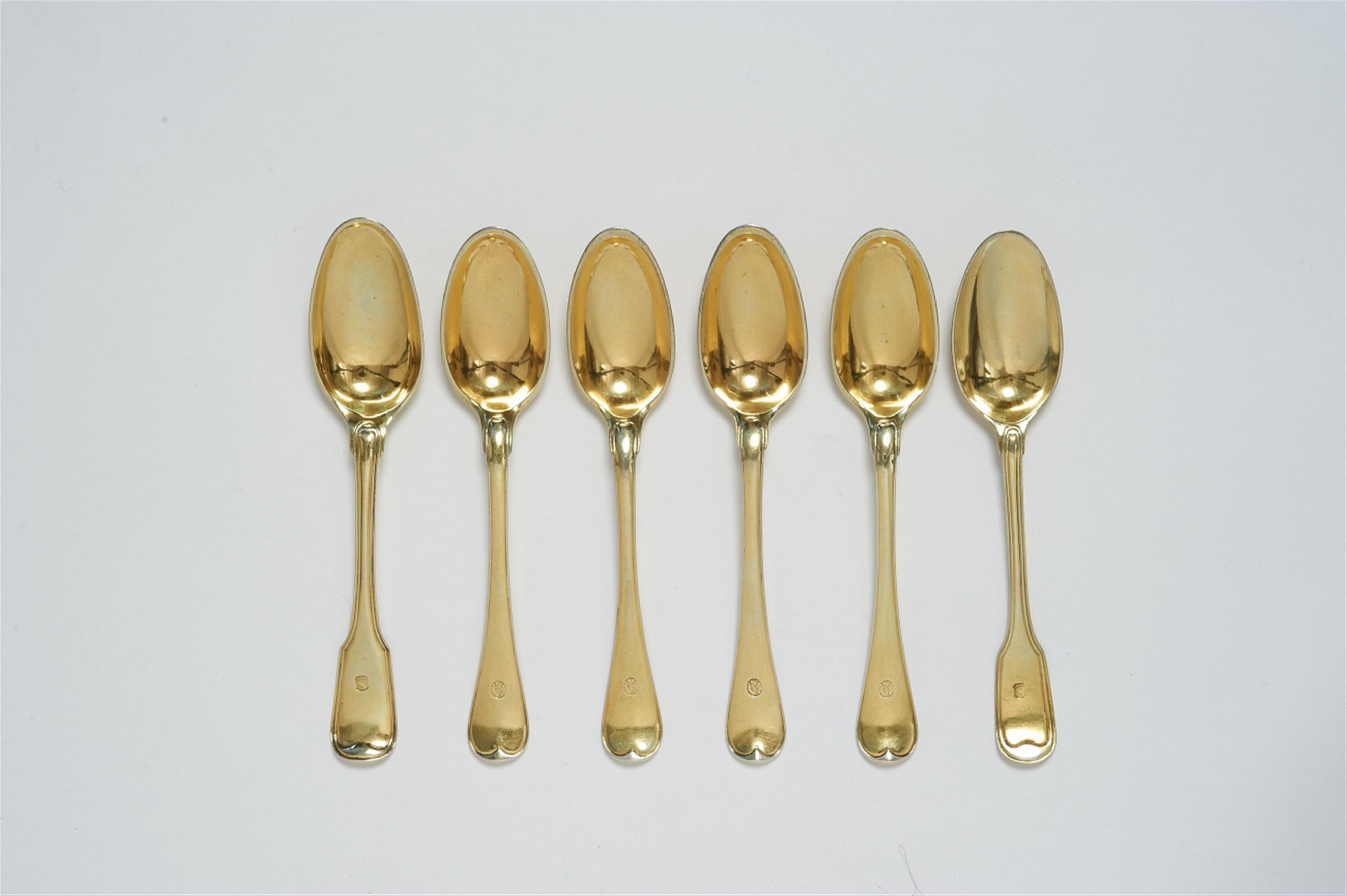 A set of six silver gilt spoons made for the Dukes of Anhalt-Dessau. The ends decorated with the arms of Anhalt. Four spoons marked Strassbourg, 1775 with indistinct maker's mark "IMLIN". One marked Augsburg 1773 - 75. One unmarked. - image-1