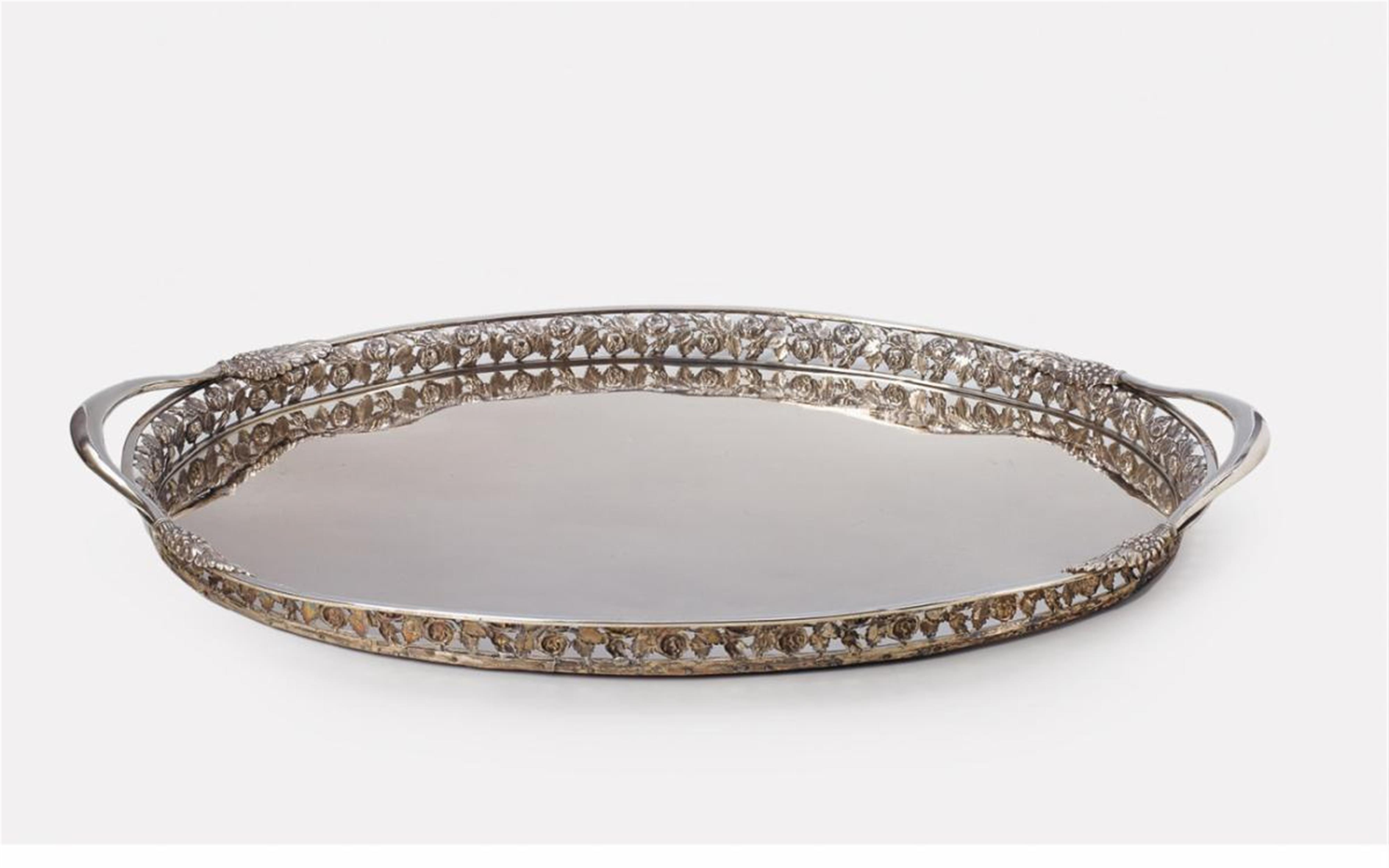 A large Breslau silver tray. On a wooden base. Marks of Leberecht Fournier, 1839 - 49; - image-1