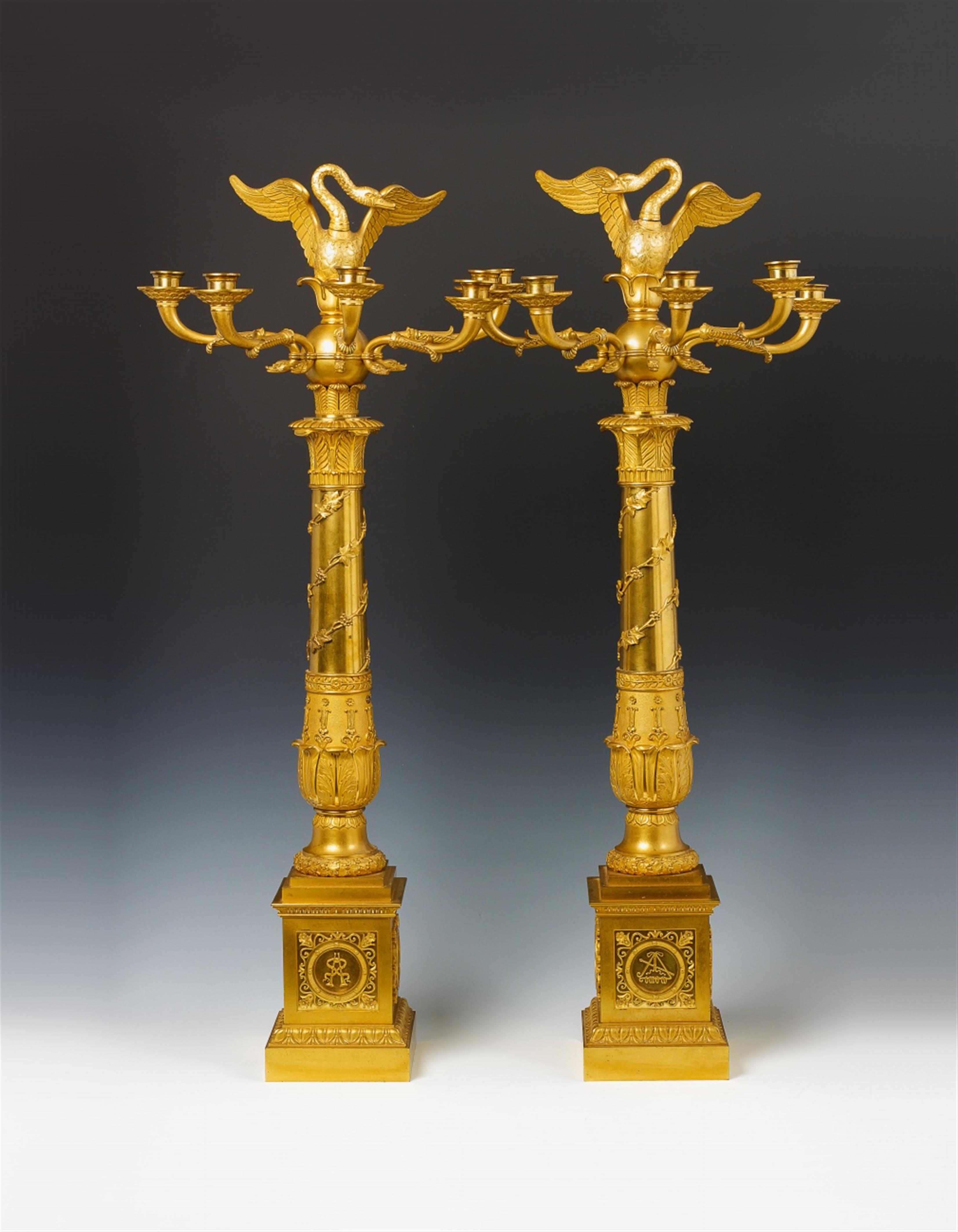 A pair of Parisian gilt bronze five-flame Empire candelabra with swan finials. - image-3