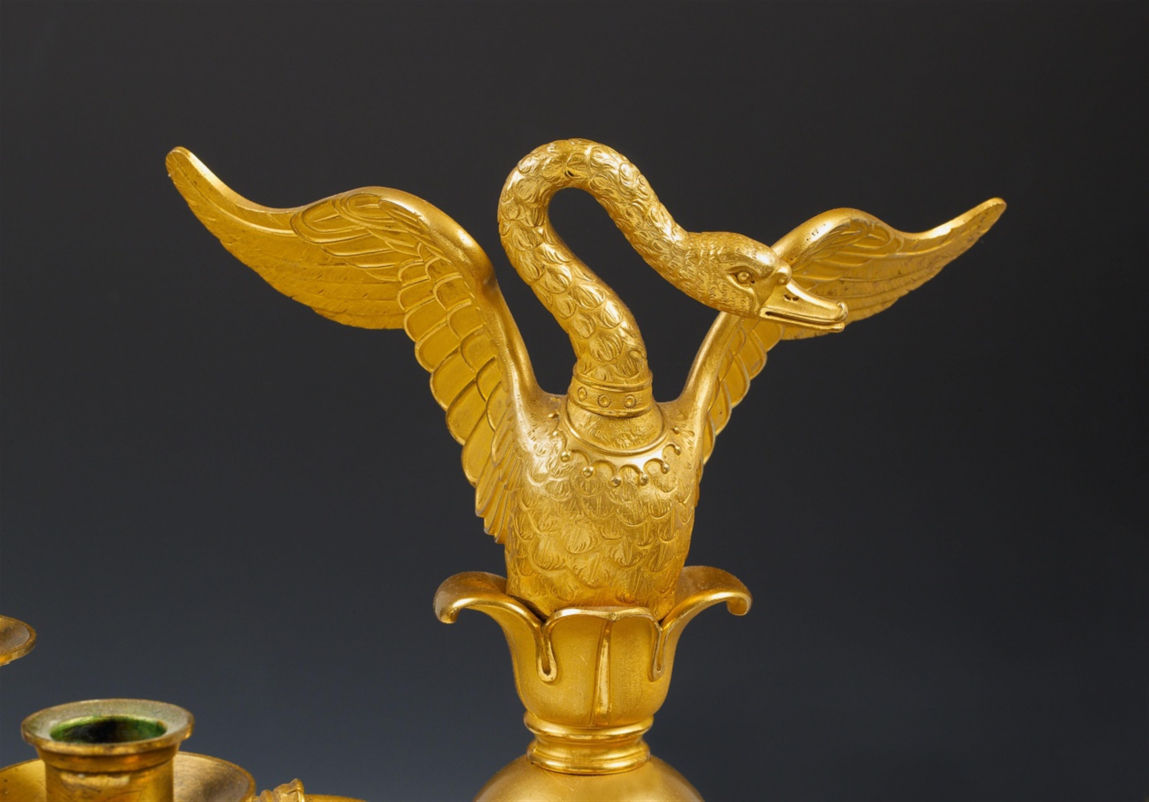 A pair of Parisian gilt bronze five-flame Empire candelabra with swan finials. - image-5