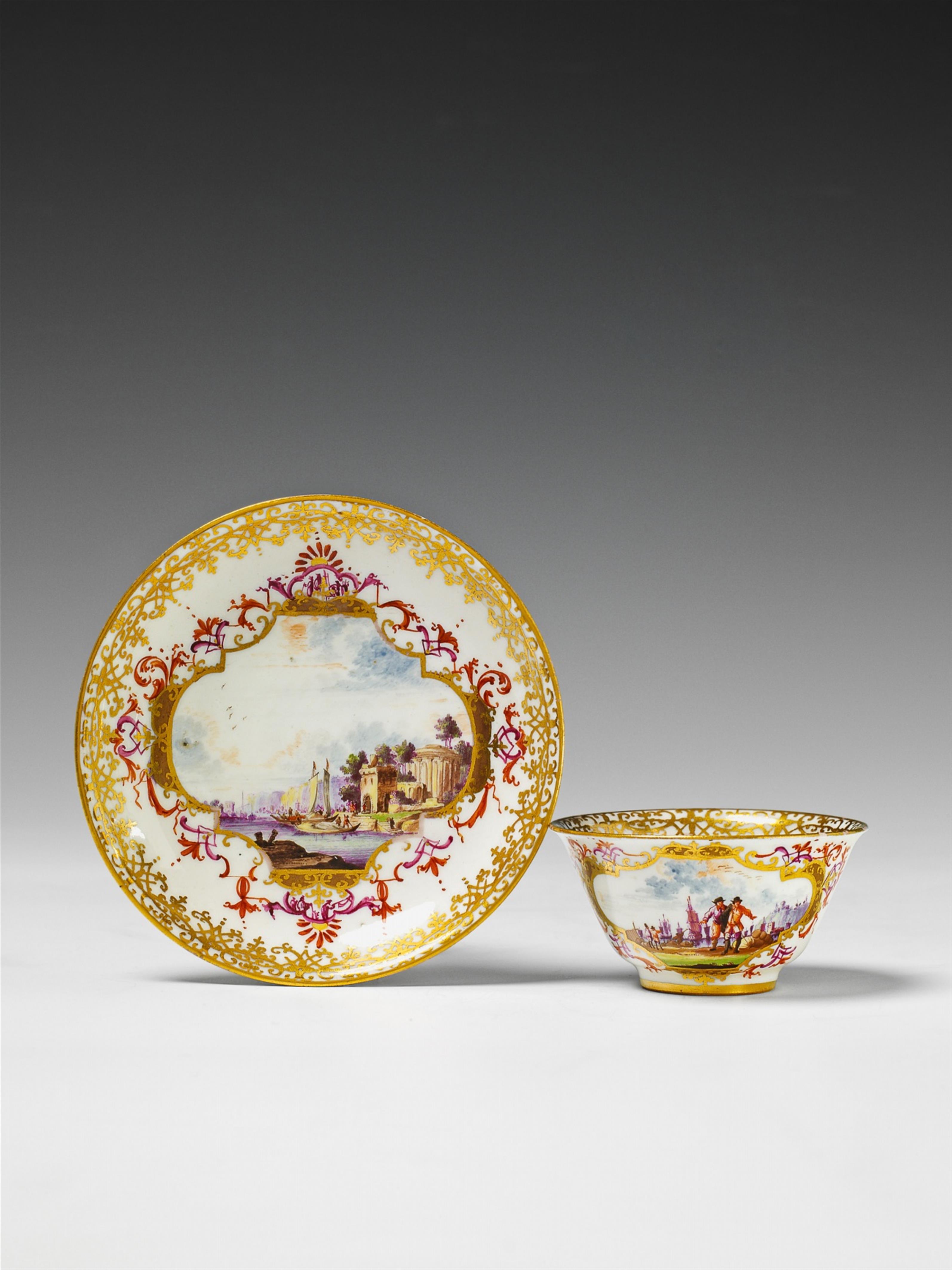 An early Meissen porcelain teabowl and saucer with "kauffahrtei" decor. - image-1