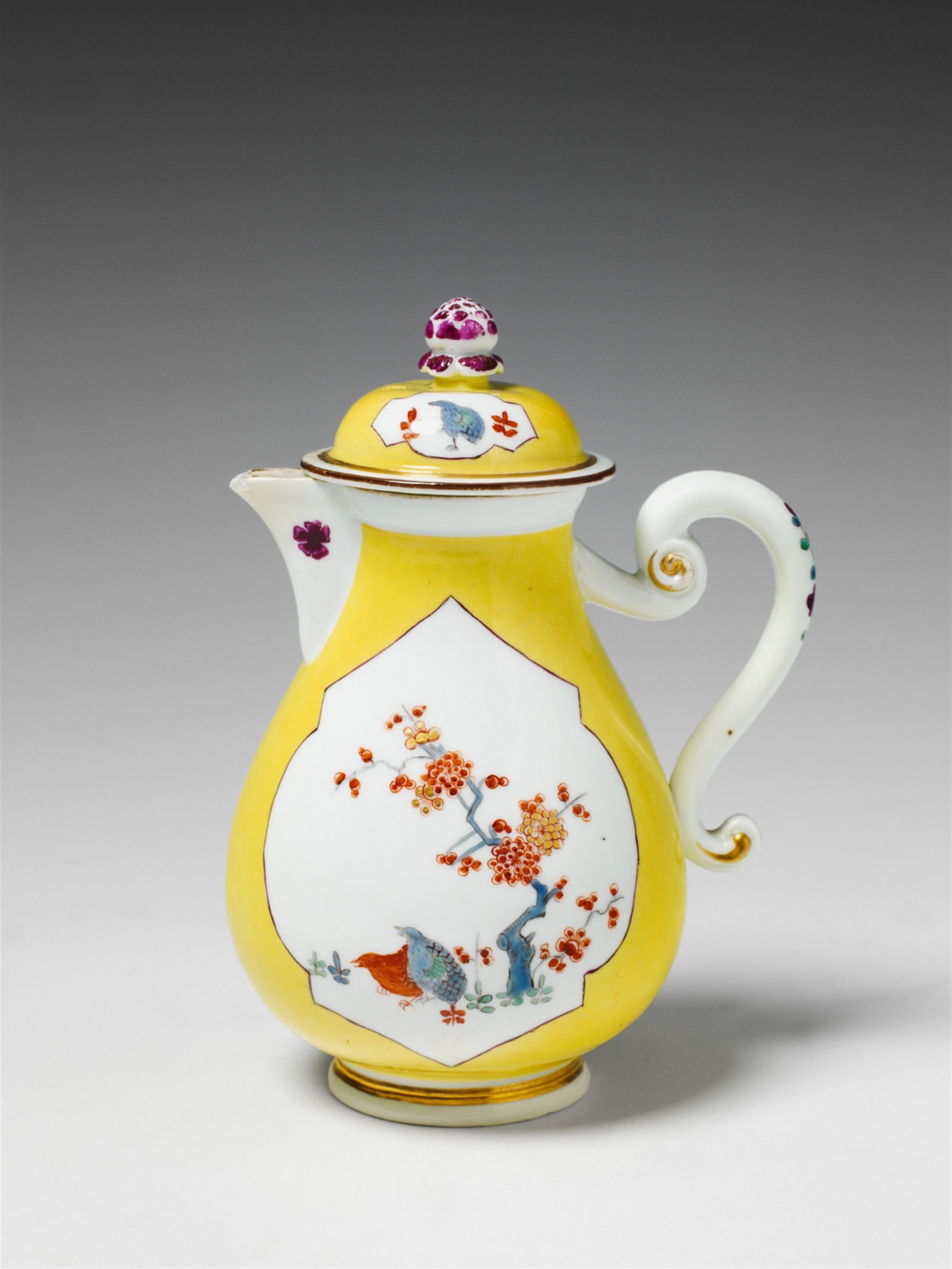 A small Meissen yellow ground porcelain covered pitcher with kakiemon style decor. - image-1