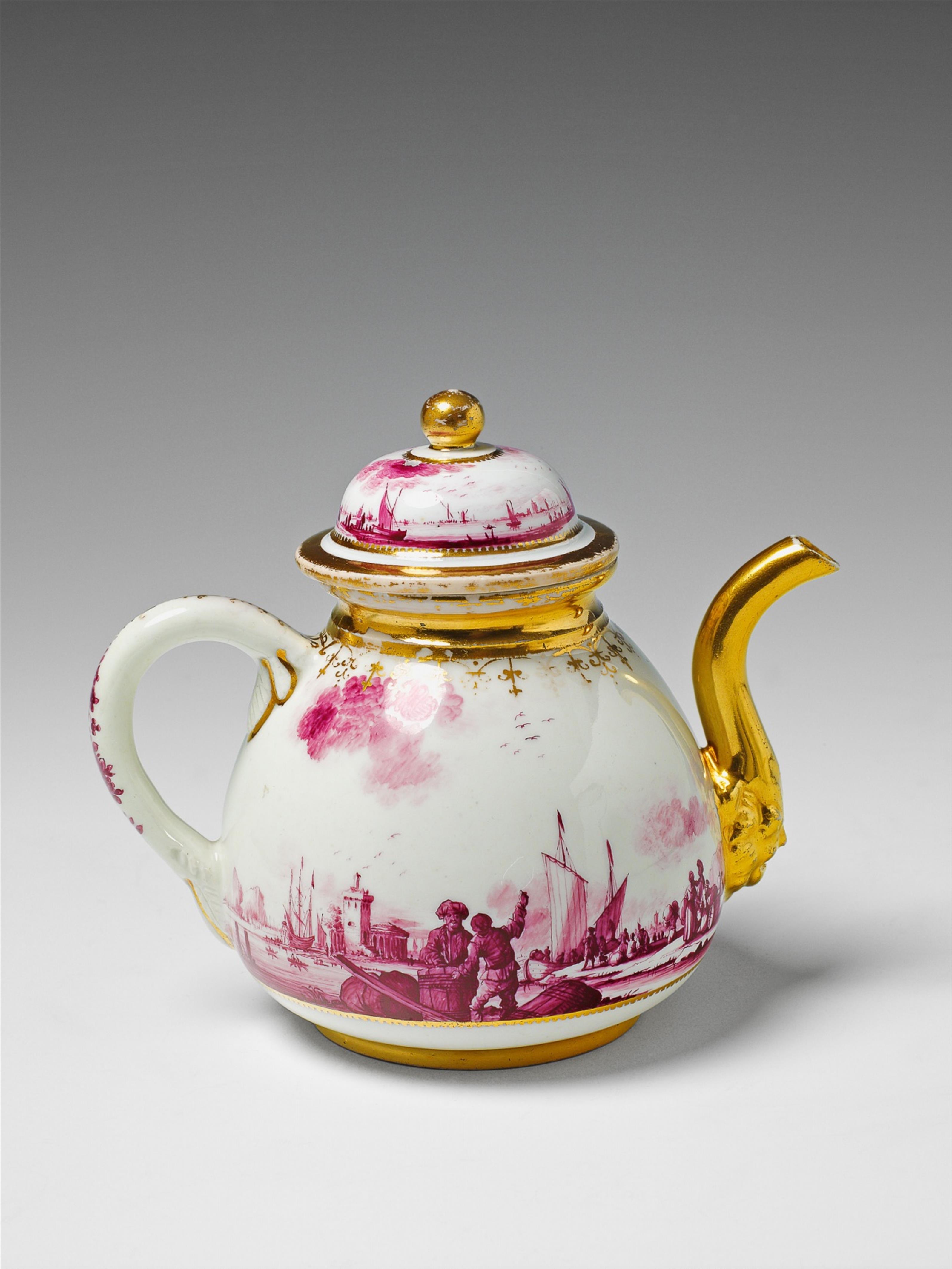 A Meissen porcelain teapot with purple decor. - image-2