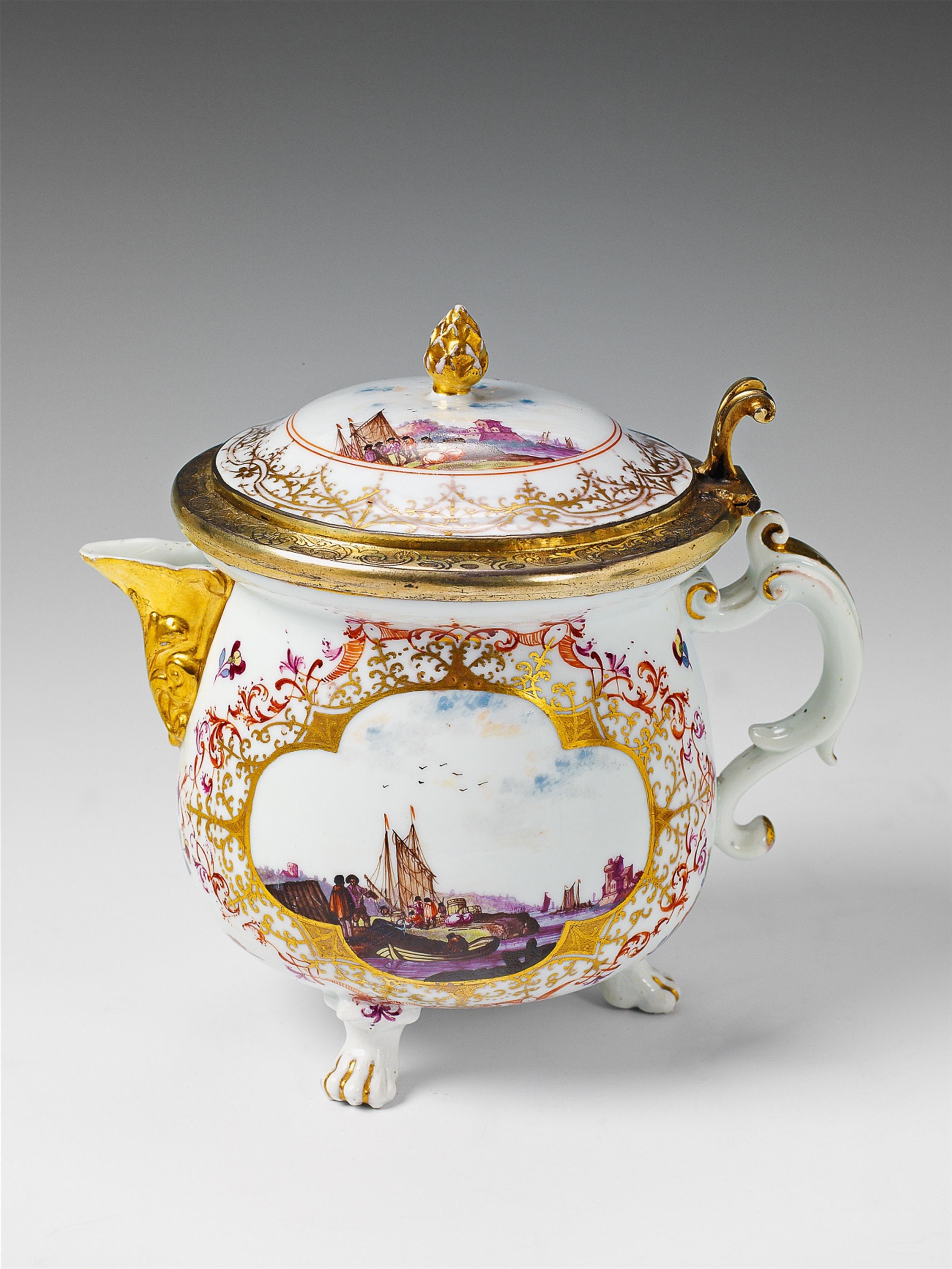 A Meissen vermeil-mounted porcelain jug with "kauffahrtei" decor. - image-1