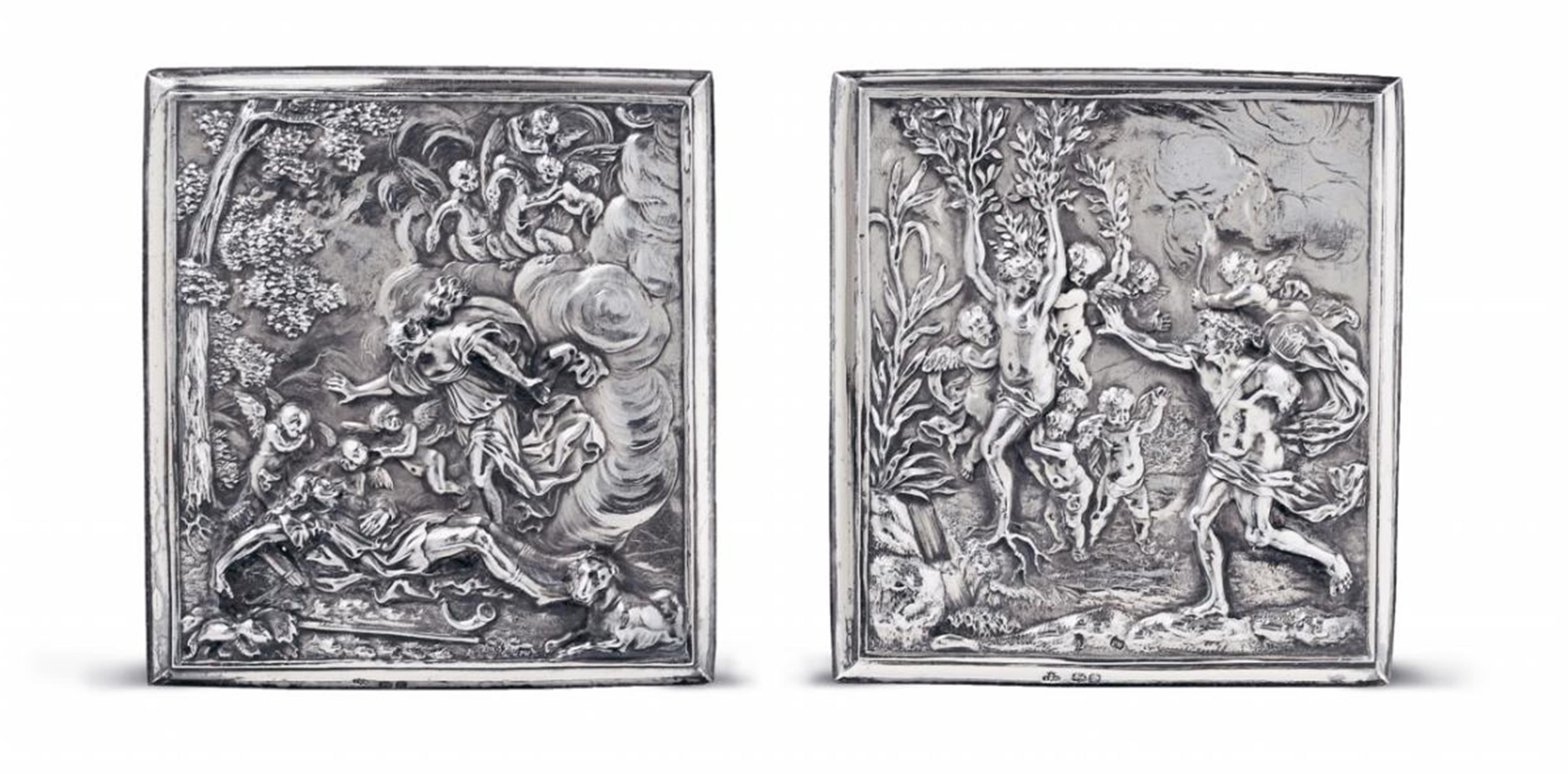 Two Augsburg silver reliefs with remains of gilt. Showing scenes of Venus mourning Adonis and Apollo with Daphne. Apollo's arm lost. Presented in later London silver frames marked John Samuel Hunt, 1853/54. Mounted together on a velvet-covered, gilt frame - image-2