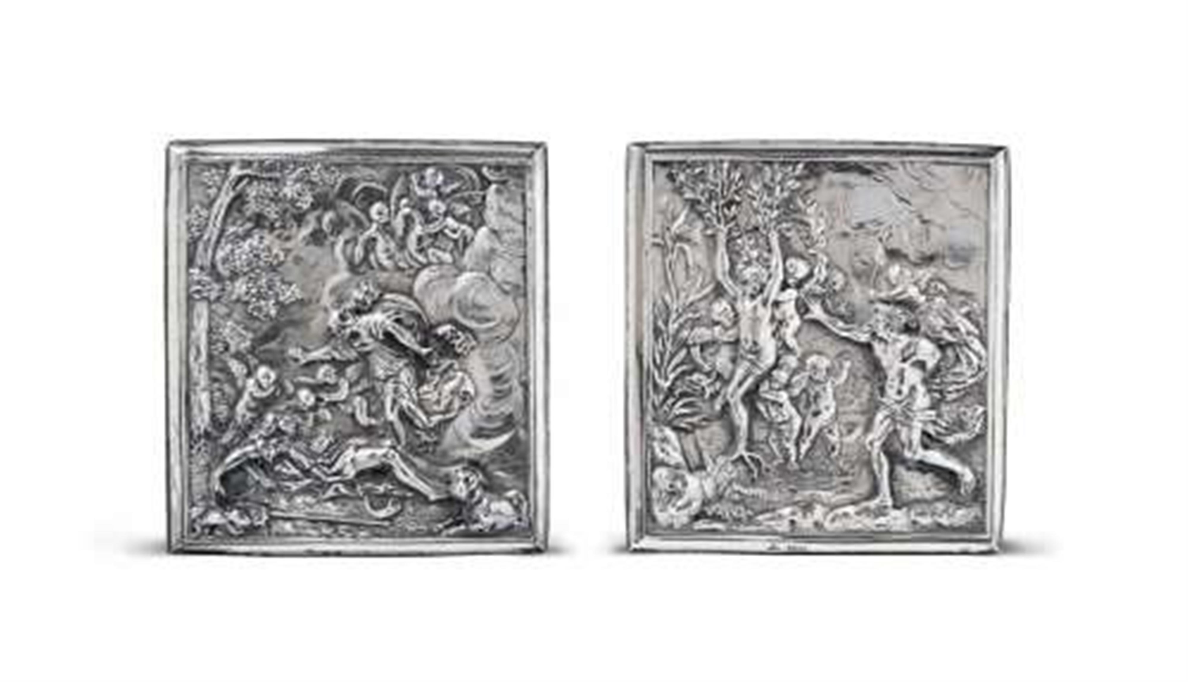 Two Augsburg silver reliefs with remains of gilt. Showing scenes of Venus mourning Adonis and Apollo with Daphne. Apollo's arm lost. Presented in later London silver frames marked John Samuel Hunt, 1853/54. Mounted together on a velvet-covered, gilt frame - image-3