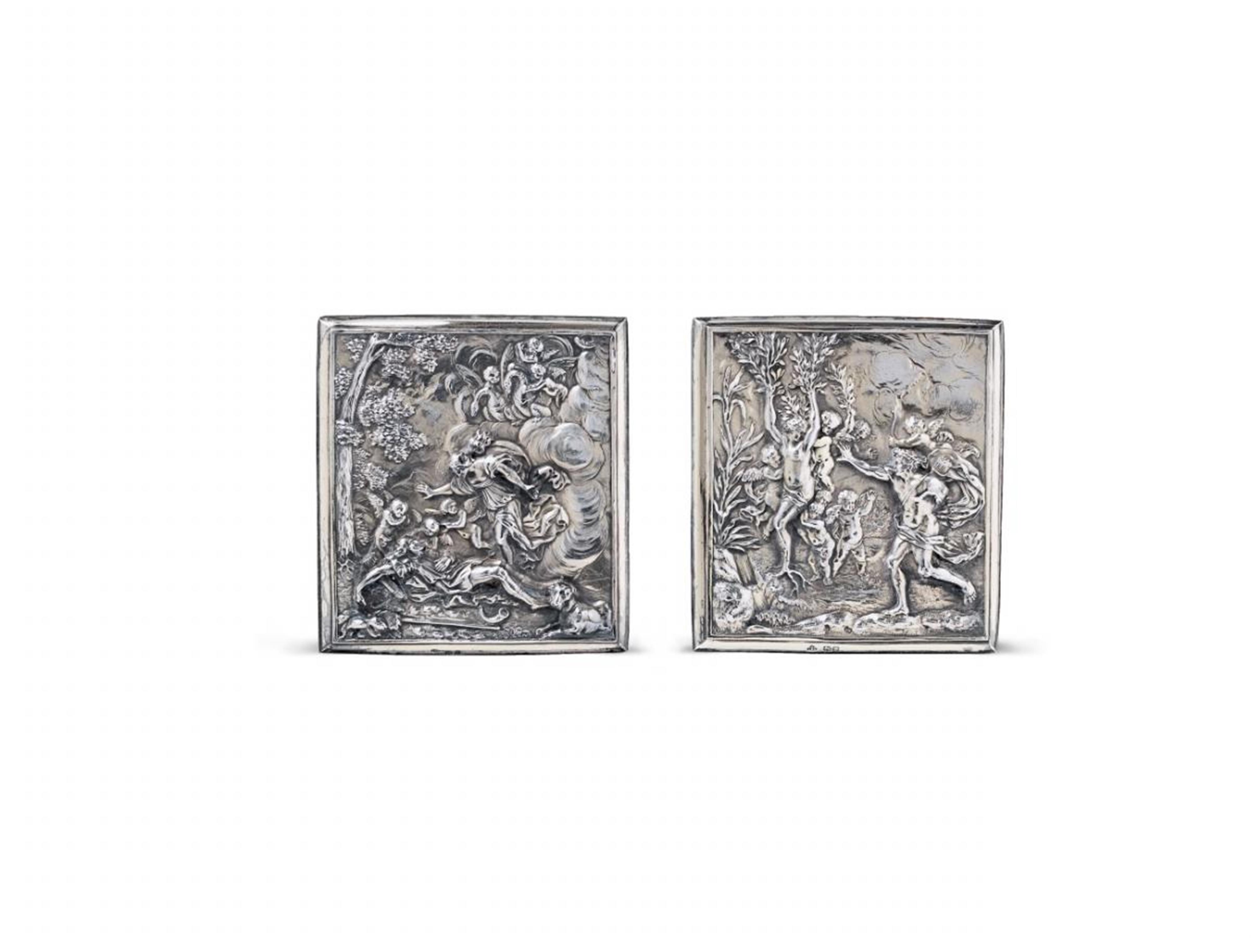 Two Augsburg silver reliefs with remains of gilt. Showing scenes of Venus mourning Adonis and Apollo with Daphne. Apollo's arm lost. Presented in later London silver frames marked John Samuel Hunt, 1853/54. Mounted together on a velvet-covered, gilt frame - image-1